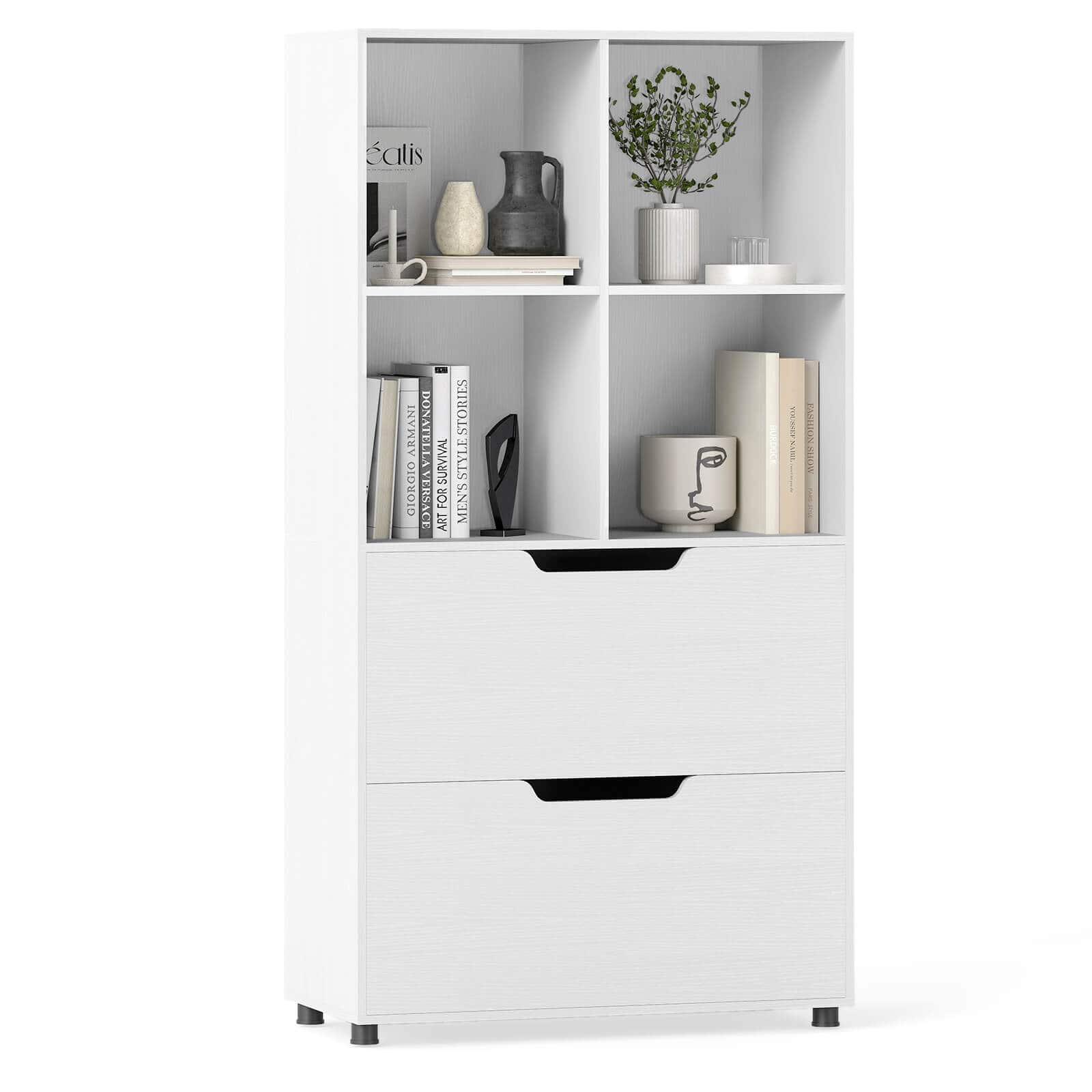 Costway - Bookcase with 2 Drawers 4-Tier Open Bookshelf with 4 Storage Cubes for Home Office - White