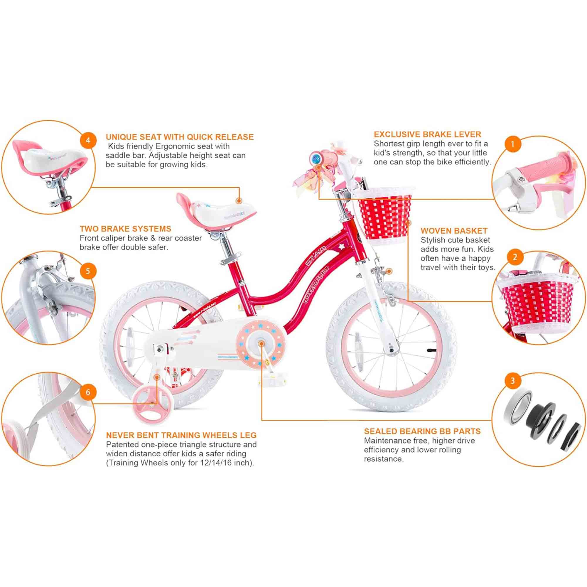 4 UNIQUE SEAT WITH QUICK RELEASE
Kids friendly Ergonomic seat with saddle bar. Adjustable height seat can be suitable for growing kids.

EXCLUSIVE BRAKE LEVER
Shortest grip length ever to fit a kid's strength, so that your little one can stop the bike efficiently.

1 TWO BRAKE SYSTEMS
Front caliper brake & rear coaster brake offer double safer.

5 STA 1 CSS WOVEN BASKET
Stylish cute basket adds more fun. Kids often have a happy travel with their toys.

2

3 NEVER BENT TRAINING WHEELS LEG
Patented one-piece triangle structure and widen distance offer kids a safer riding (Training Wheels only for 12/14/16 inch)

SEALED BEARING BB PARTS
Maintenance free. Higher drive efficiency and lower rolling resistance.