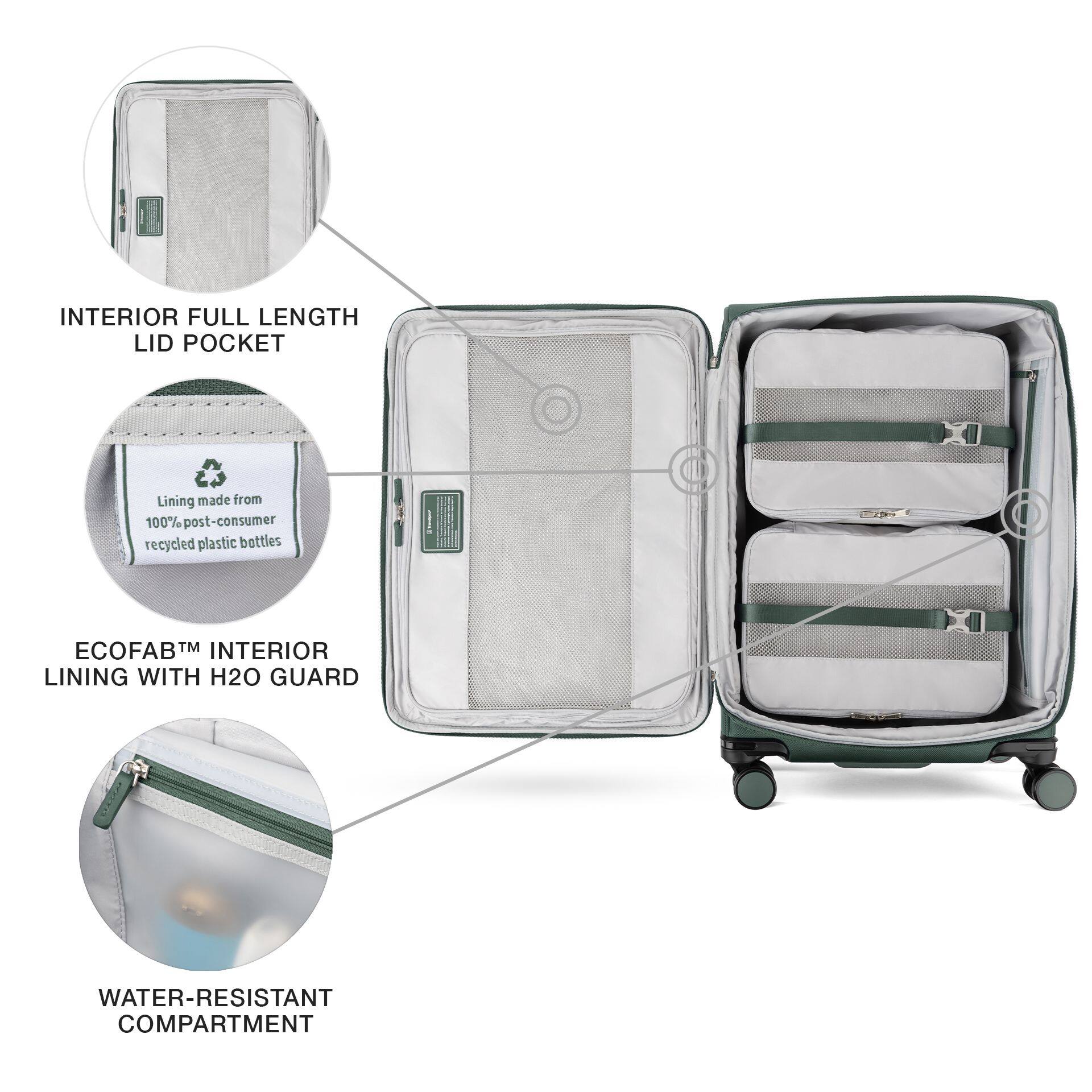 INTERIOR FULL LENGTH LID POCKET

Lining made from 100% post-consumer recycled plastic bottles

ECOFAB™ INTERIOR LINING WITH H2O GUARD

WATER-RESISTANT COMPARTMENT