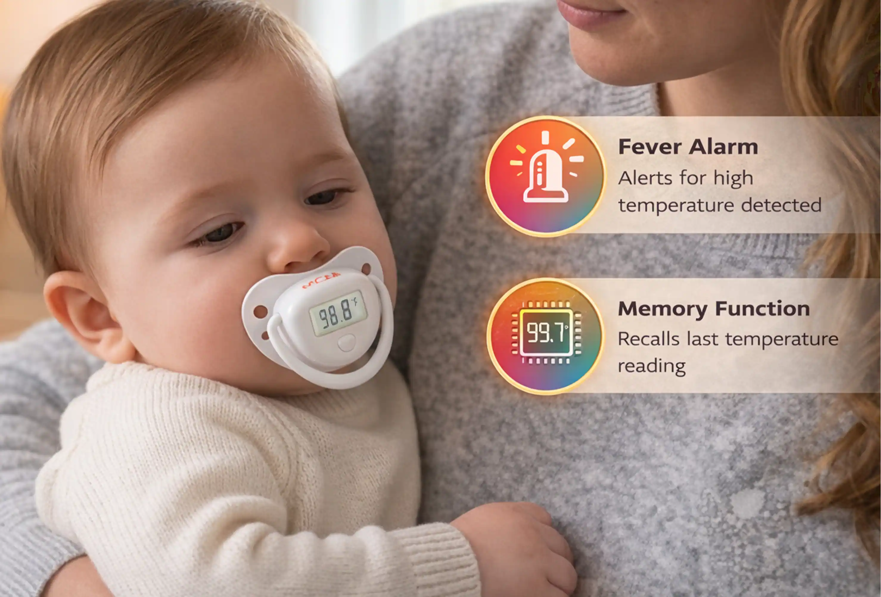 Fever Alarm Alerts for high temperature detected  
Memory Function Recalls last temperature reading