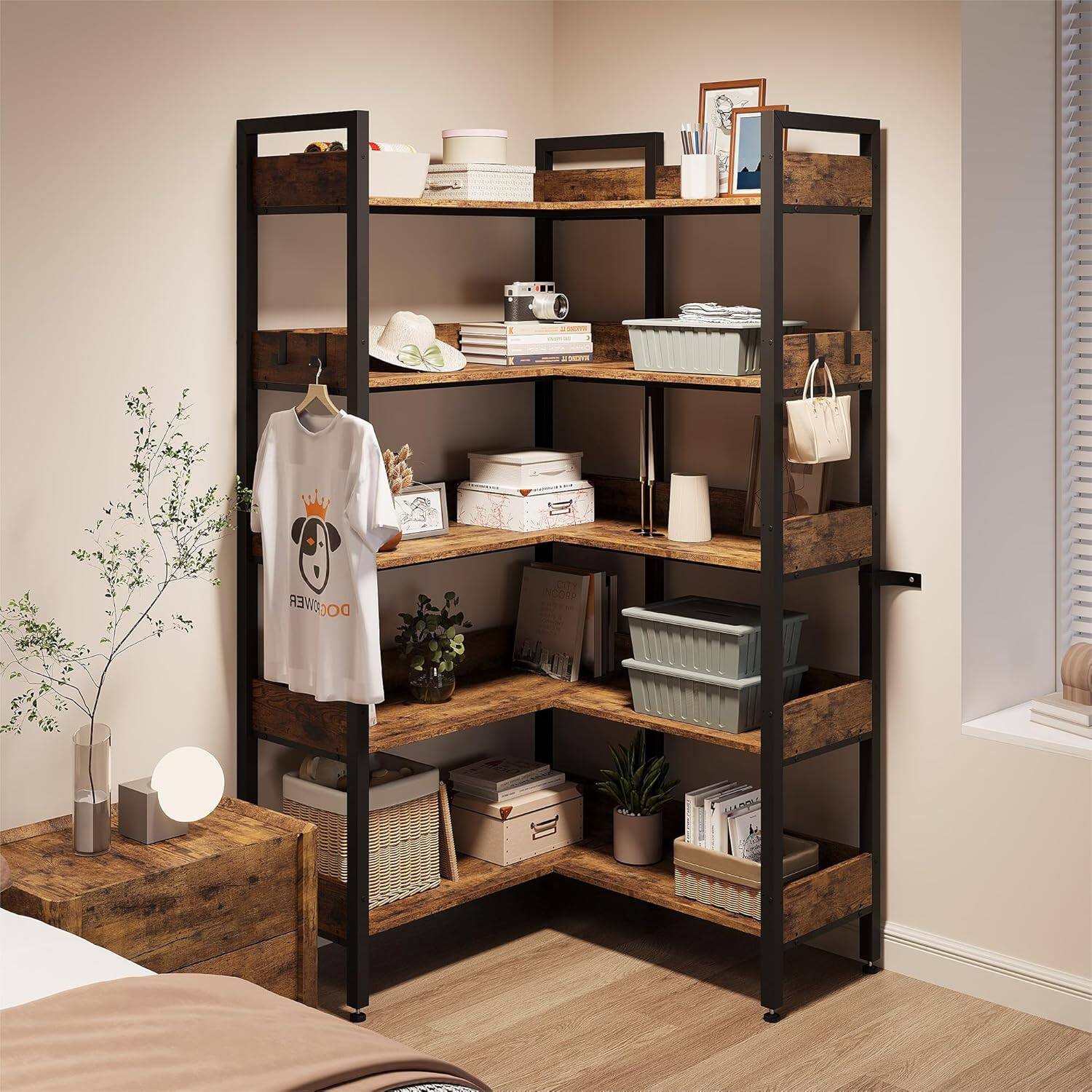 Alt View 4. Jojoka - Corner Bookshelf, 5-Tier L-Shaped Industrial Bookcase, Convertible Storage Display Shelf for Living Room or Office - Brown.
