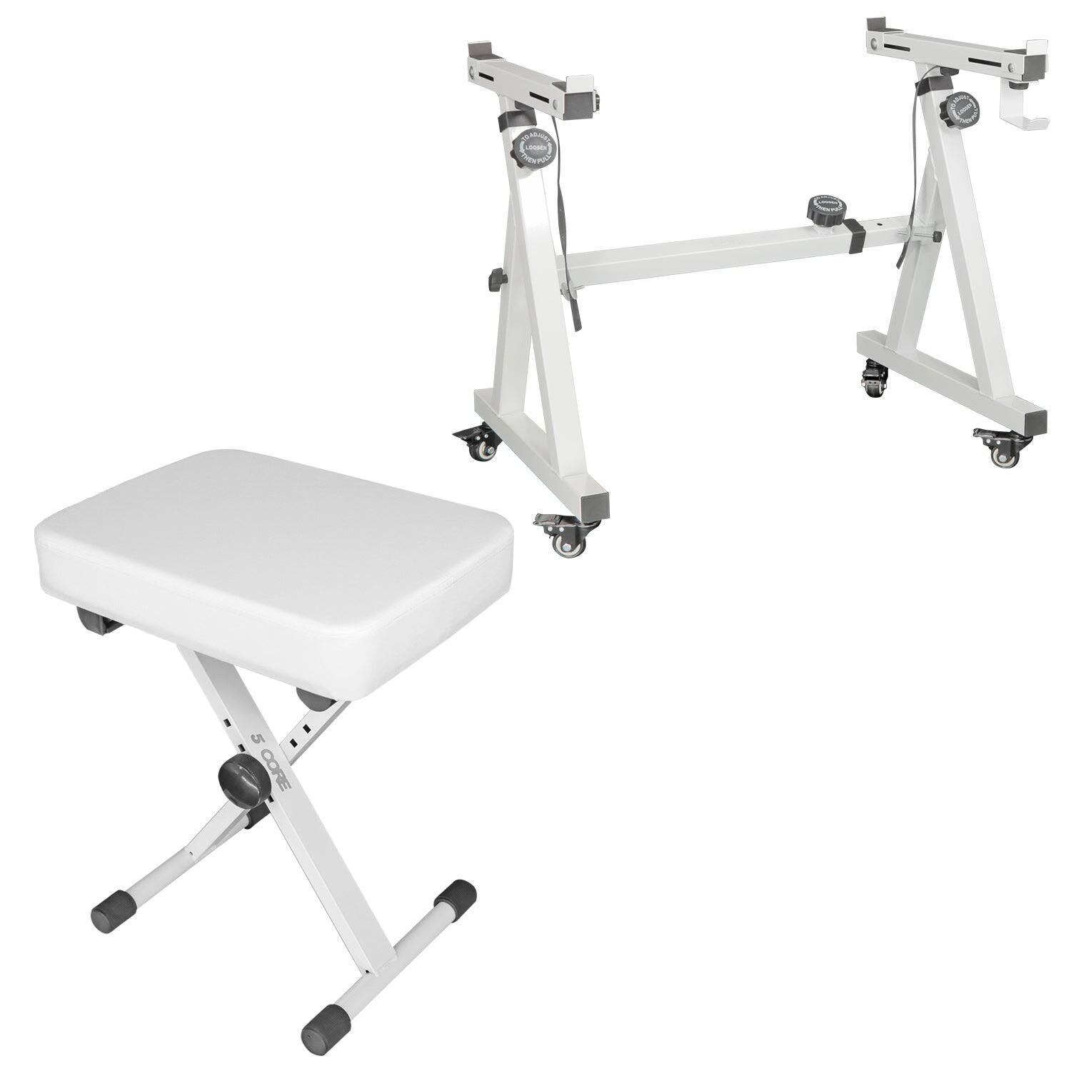 Front. 5 CORE - Keyboard Stand Adjustable z Style Piano Riser + Keyboard Piano Bench - White.
