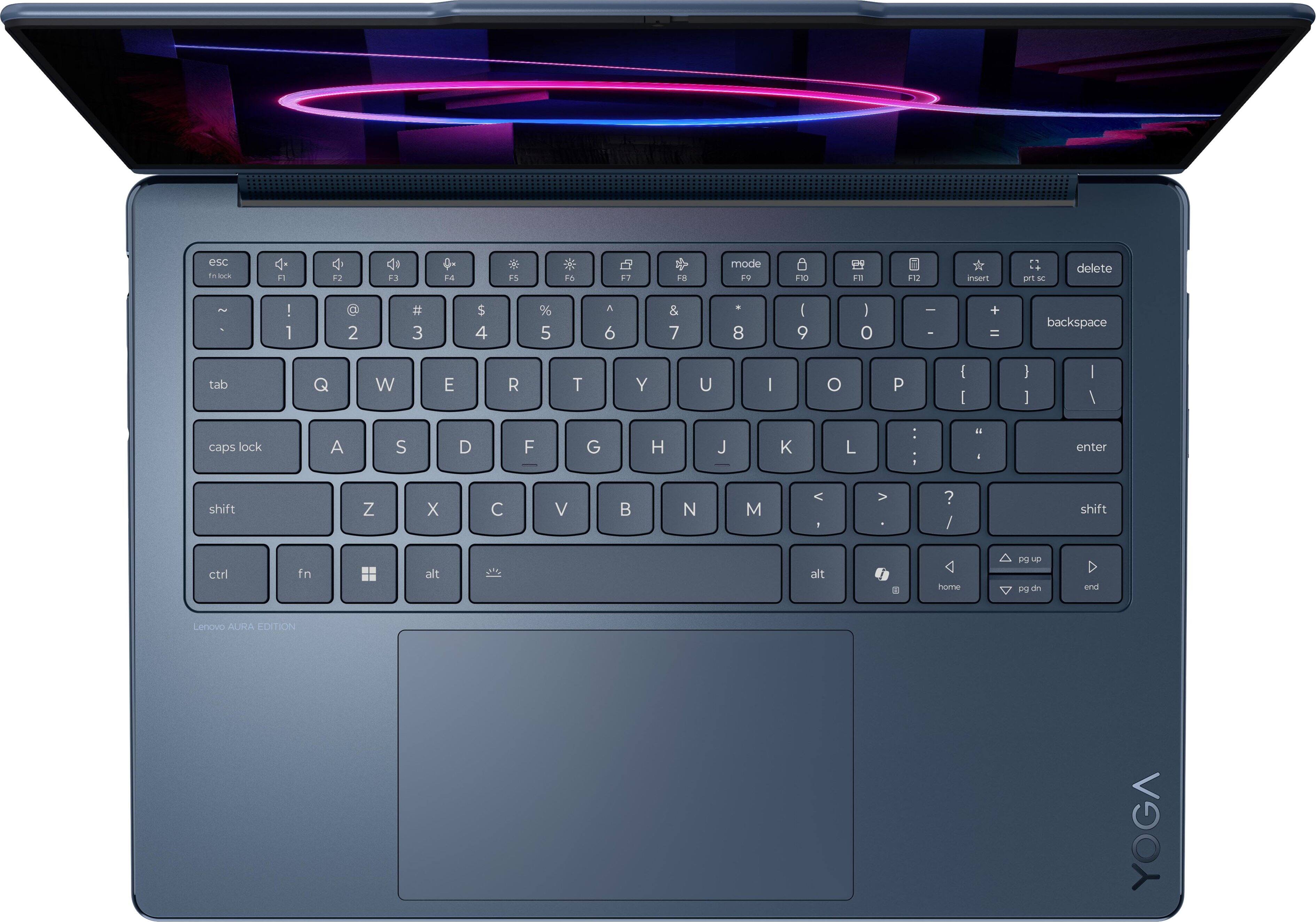 esc F1 F2 F3 F4 F5 F6 F7 F8 mode F9 F10 F11 F12 insert prt sc delete 3 - I 1 2 # 3 $ 4 % 5 A 6 & 7 . 8 ( 9 I 0 - I + = backspace tab Q W E R T Y U I O P I I I I / caps lock A S D F G H J K L : : " 4 enter shift Z X C V B N M < - V ? / shift ctrl fn alt alt 1 home DU up DO dn end Lenovo AURA EDITION YOGA