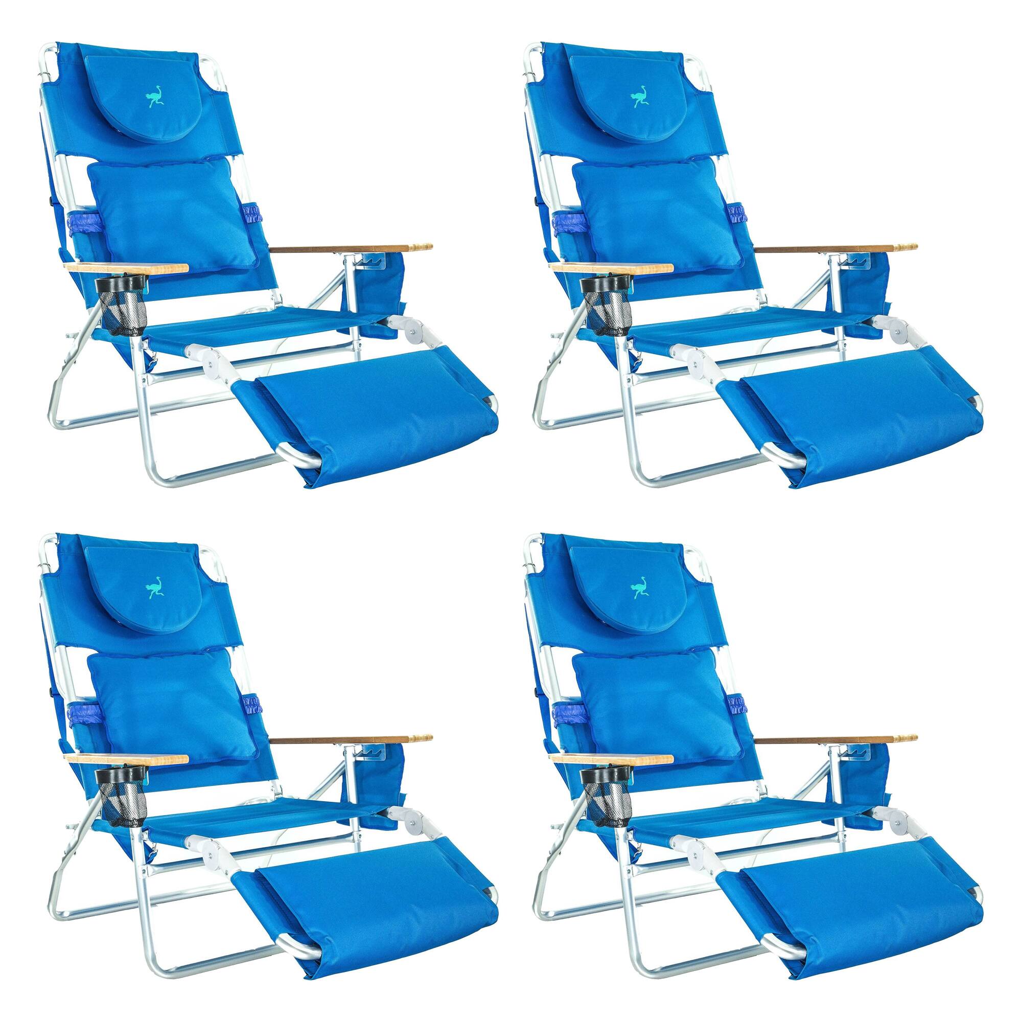 Front. Ostrich - Ostrich Deluxe Padded 3-N-1 Outdoor Lounge Reclining Beach Chair, Blue (4 Pack) - Blue.