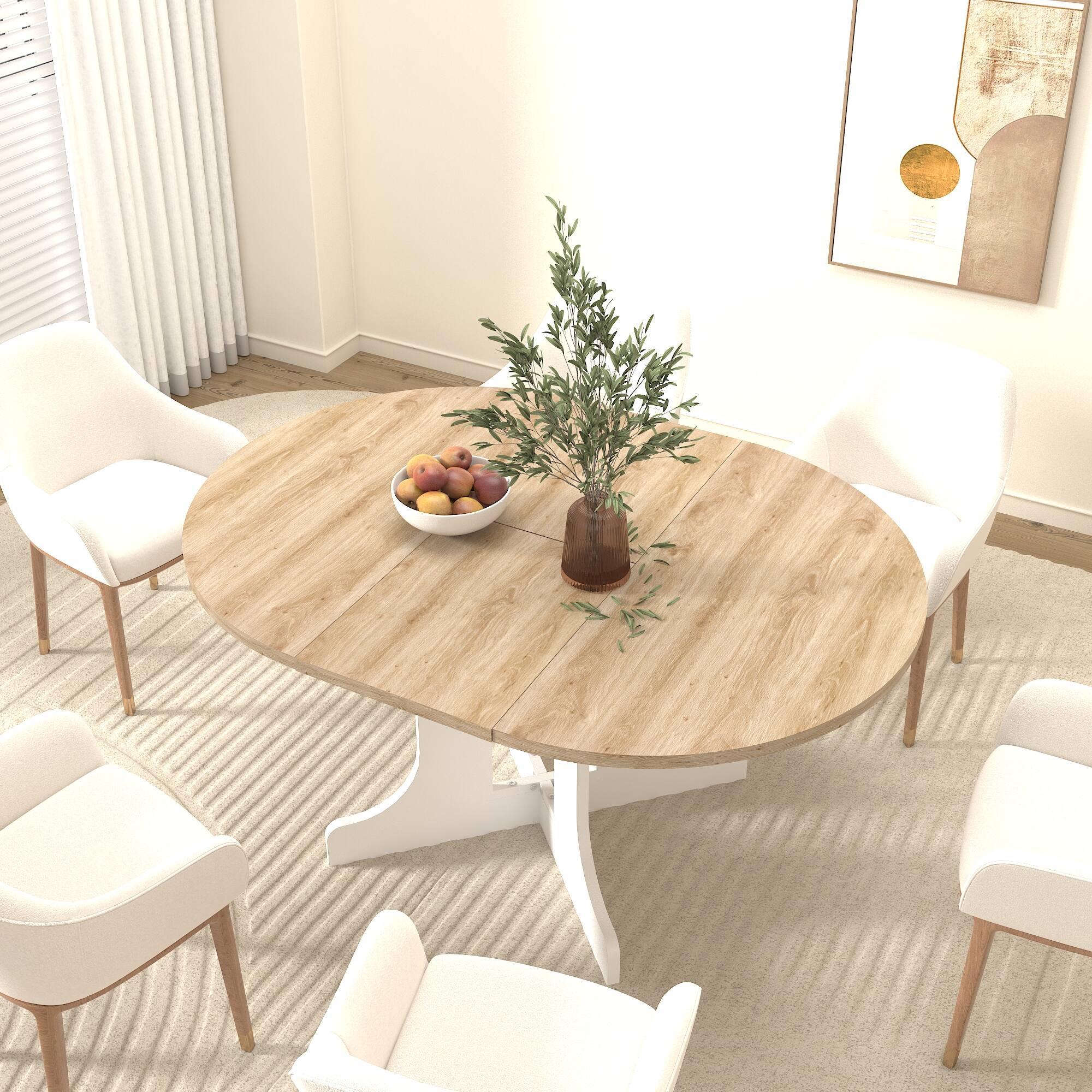 Alt View 2. Tiramisubest - Dining Table for Farmhouse Kitchen 59x43 Inch Expandable Oval Table Top with Removable Leaf Trestle X Shaped Base,White - White Oak.