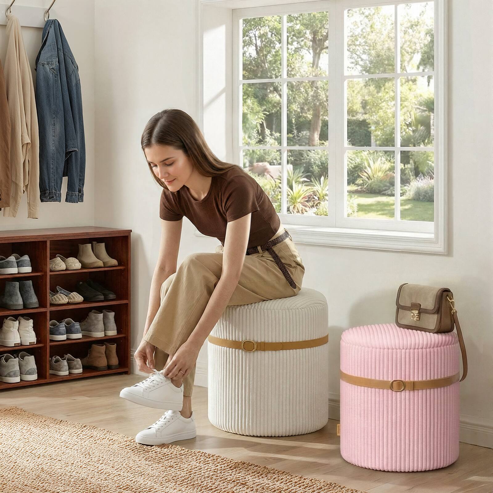 Alt View 5. Pinmoco - Pinmoco Round Storage Ottoman Set of 2, Modern Upholstered Foot Rest Stool, 300 lbs Capacity - White pink.