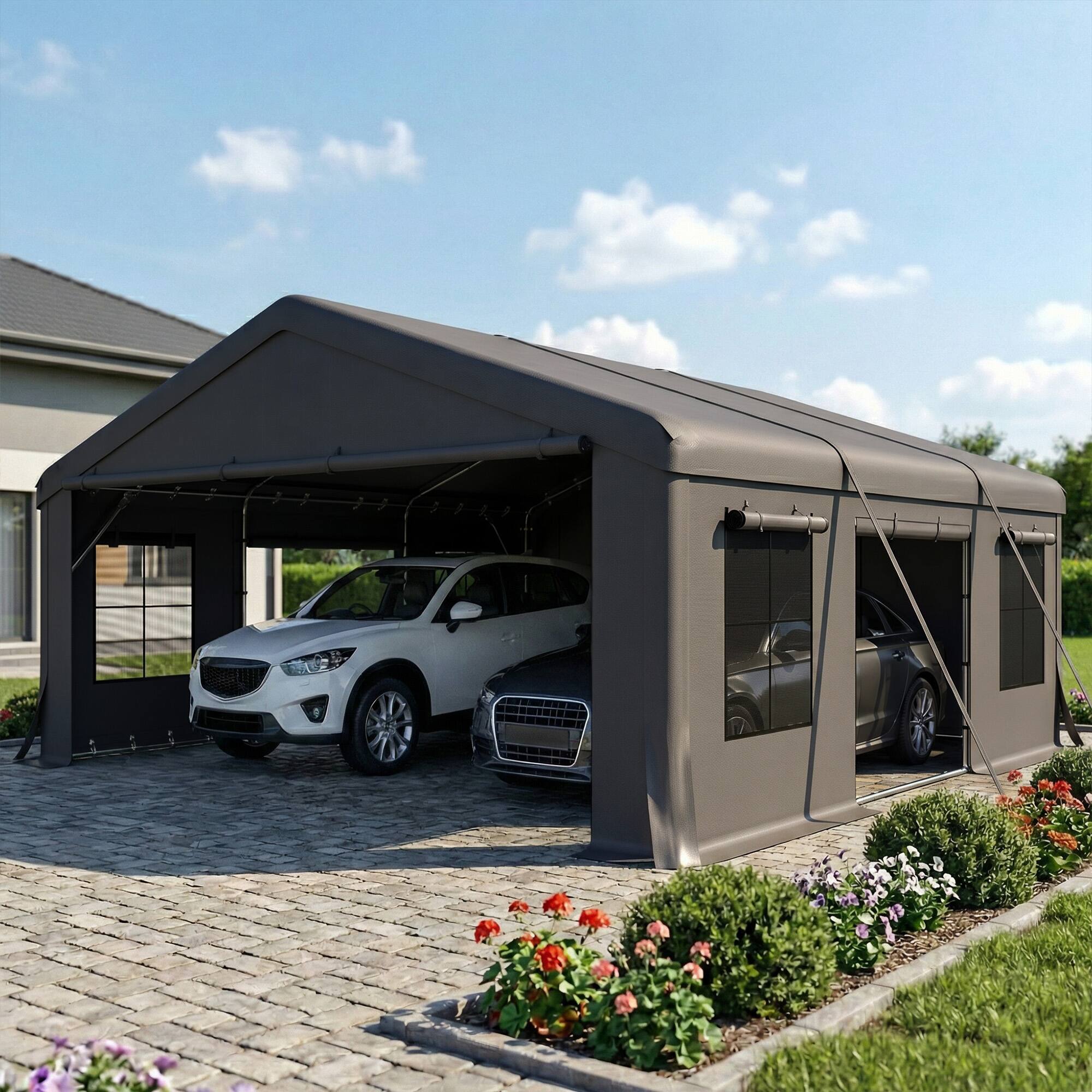 Alt View 1. Outsunny - x 20' Heavy Duty Carport, Portable Garage Car Canopy Tent Shelter with 3 Roll-up Doors, 4 Windows.