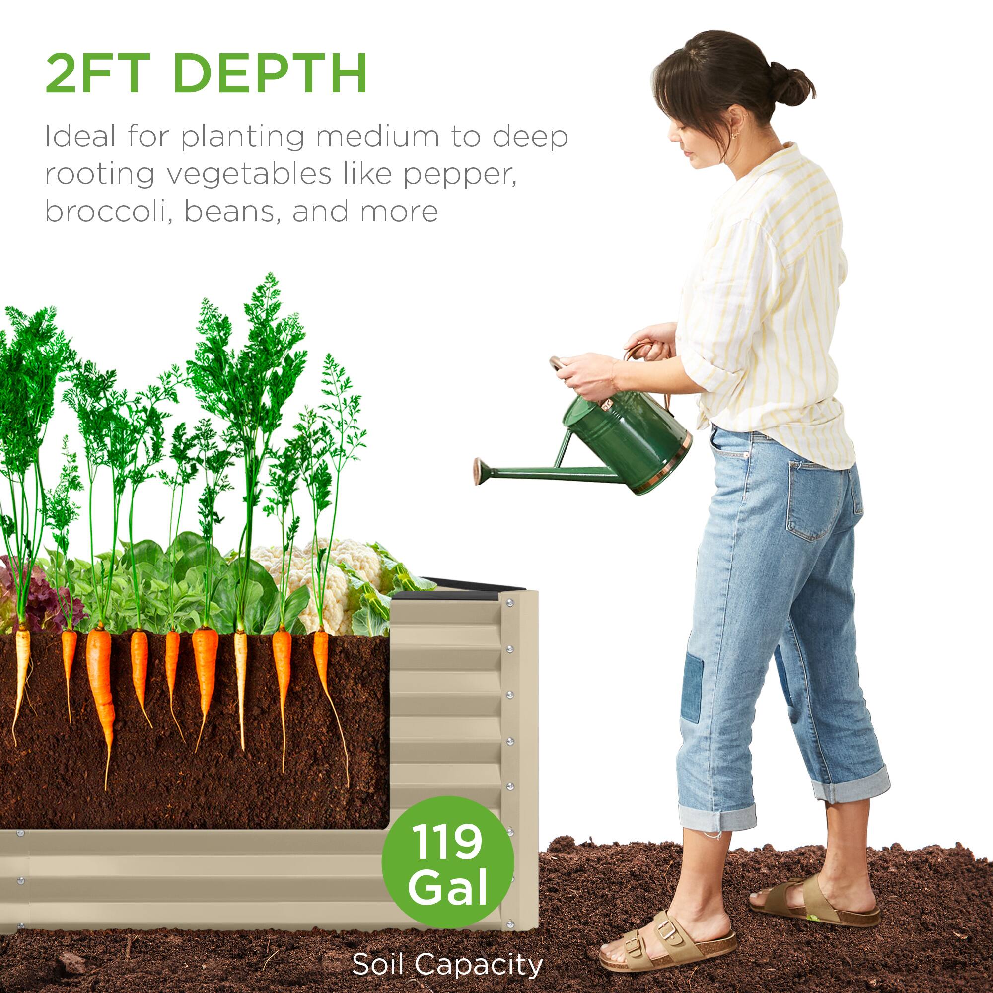 2FT DEPTH  
Ideal for planting medium to deep rooting vegetables like pepper, broccoli, beans, and more  

119 Gal  
Soil Capacity