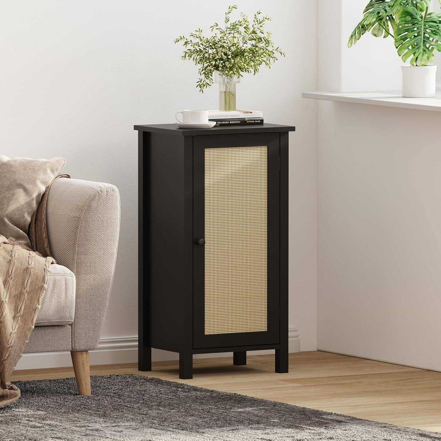 Left. GARVEE - Bamboo Storage Cabinet with Woven Rattan Door, 2-Tier Space-Saving Freestanding Organizer,Black - Black.