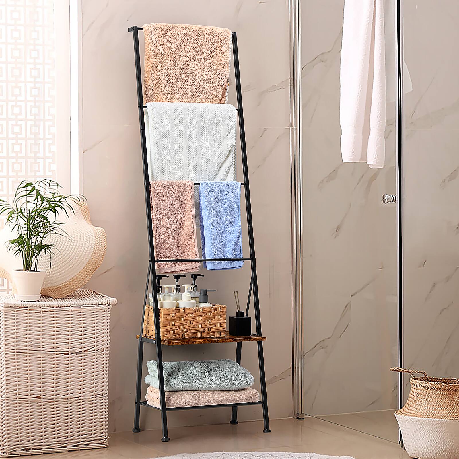 Alt View 2. Oumilen - 4-Tier Leaning Blanket Ladder Rack with Storage Shelves, Matte Black Metal Towel Quilt Blanket Holder with 8 Hooks - Brown.