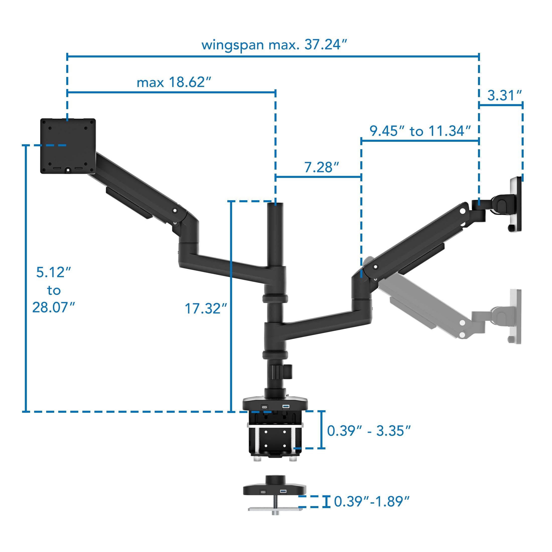 wingspan max. 37.24"  
max 18.62"  
3.31"  
9.45" to 11.34"  
7.28"  
5.12" to 28.07"  
17.32"  
0.39" - 3.35"  
0.39"-1.89"