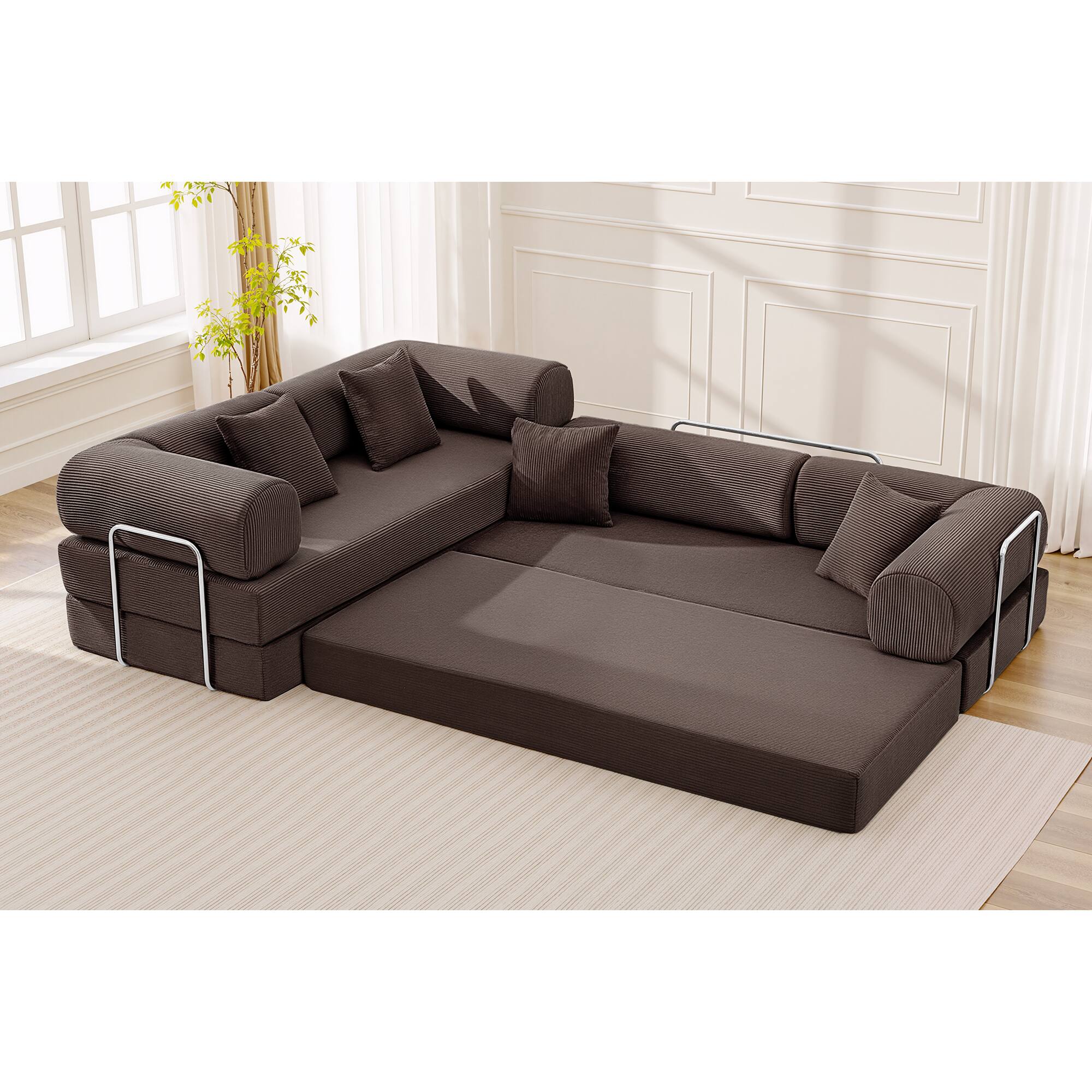 Alt View 7. KERDOM - Upholstered L Shaped Modular Sofa Bed with Chaise, Corduroy Folding Floor Convertible Sofa Couch Bed for Living Room - Coffee.