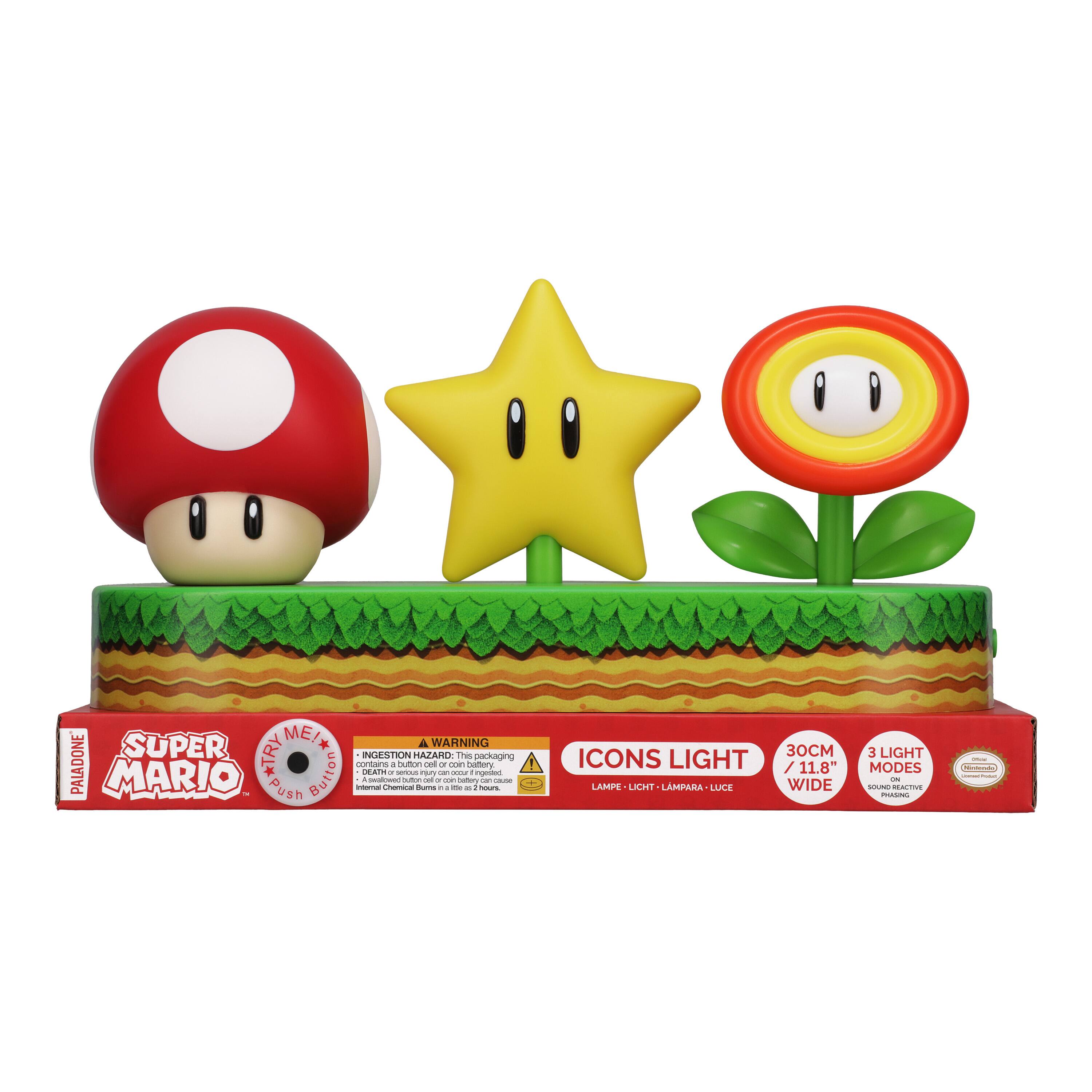 **Super Mario**  
*Push Button*  

**Icons Light**  
*30CM / 11.8" Wide*  
*3 Light Modes*  

**Warning:**  
*Ingestion Hazard: The packaging contains small parts. Choking hazard - Small parts. Not for children under 3 years.*  
*Death or serious injury can occur if ingested.*  
*Inflammable Chemical Burns - 1100°F to 2100°F.*  

*Paladone*