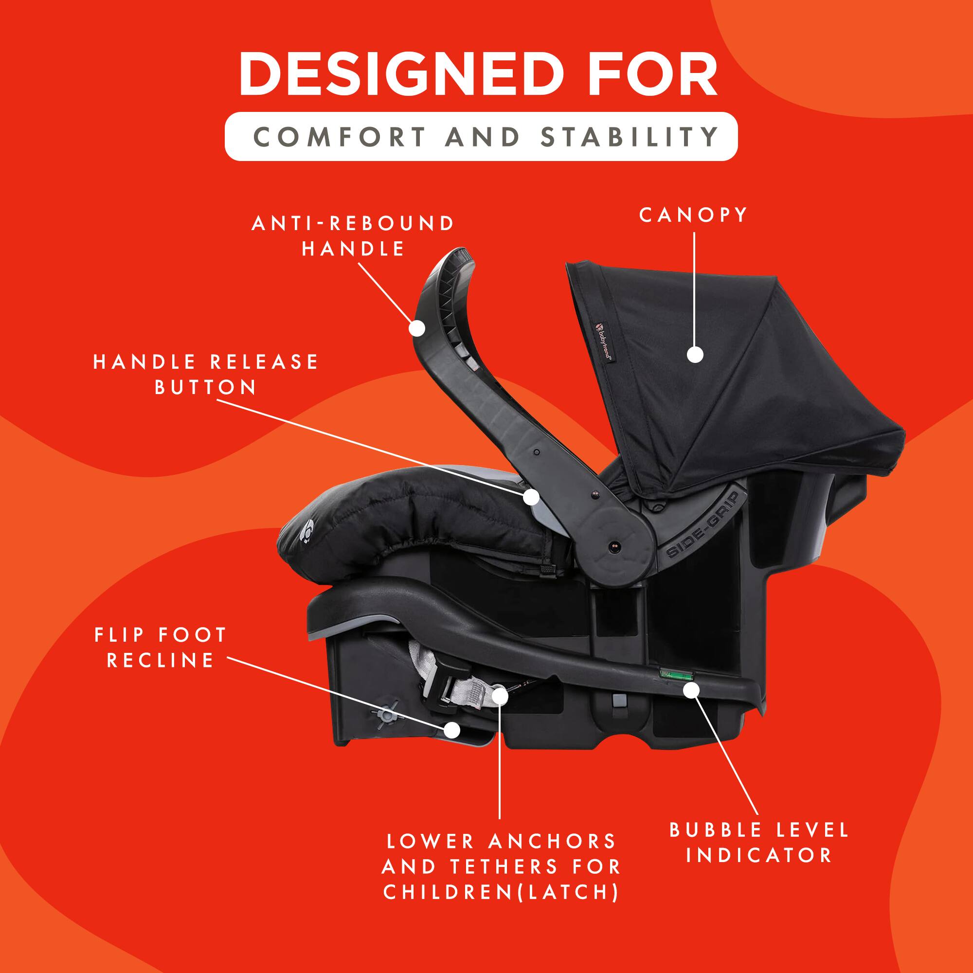 DESIGNED FOR COMFORT AND STABILITY

ANTI-REBOUND HANDLE

CANOPY

HANDLE RELEASE BUTTON

FLIP FOOT RECLINE

SIDE-GRIP

LOWER ANCHORS AND TETHERS FOR CHILDREN (LATCH)

BUBBLE LEVEL INDICATOR