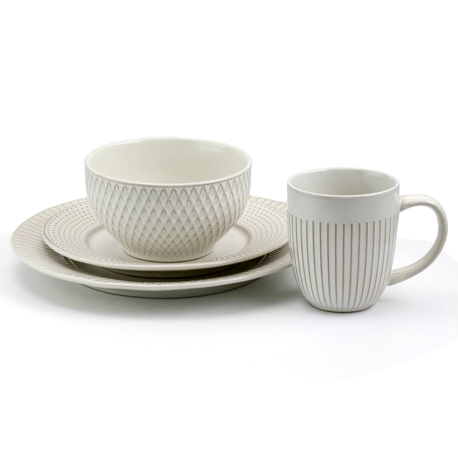 Alt View 4. Elama - Elama Market Finds 16 Piece Round Stoneware Dinnerware Set in Embossed White - White.