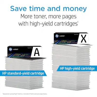Save time and money  
More toner, more pages with high-yield cartridges*  

HP standard-yield cartridge  
HP high-yield cartridge  

*Based on using HP High Yield vs. Standard Yield cost per page basis