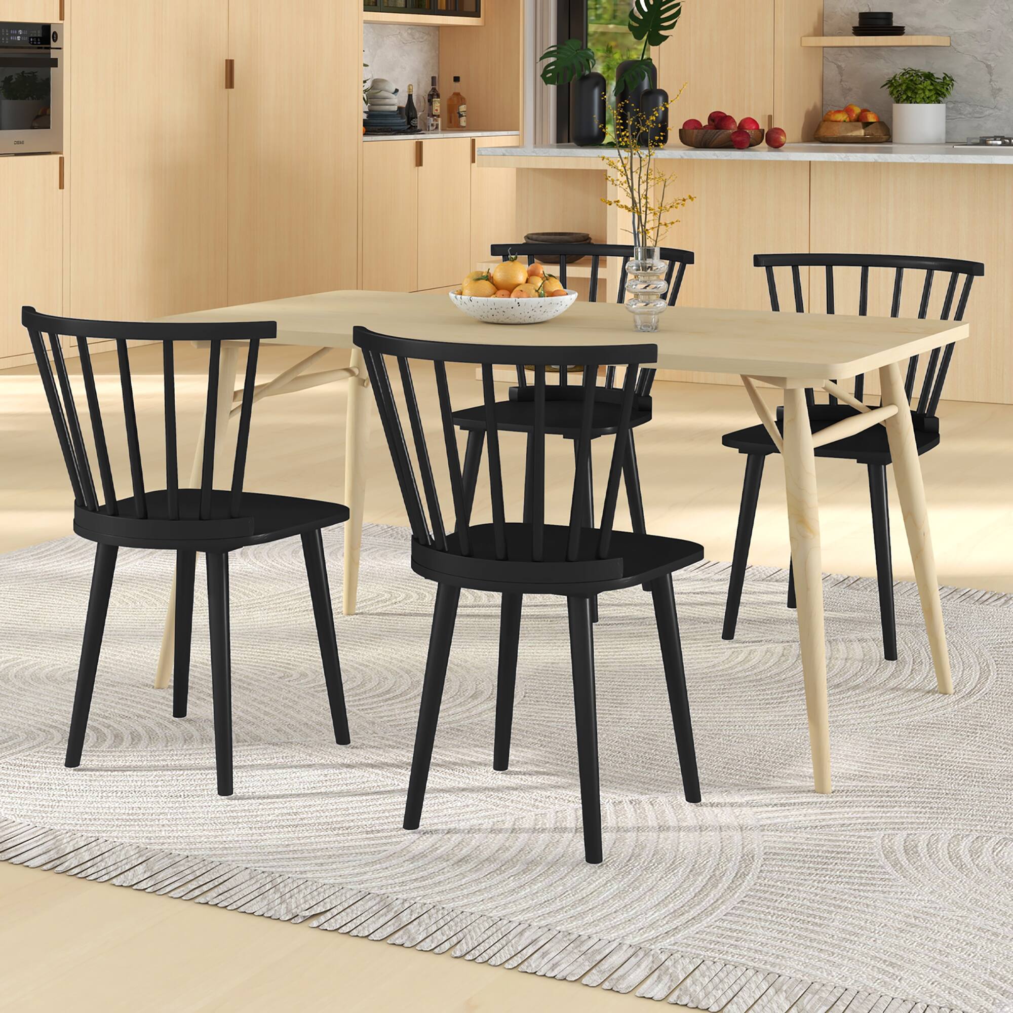 Alt View 4. Gymax - Gymax 4 PCS Dining Chair Windsor High Spindle Back Wood Kitchen Chairs w/ Rubber Wood Frame Black - Black.