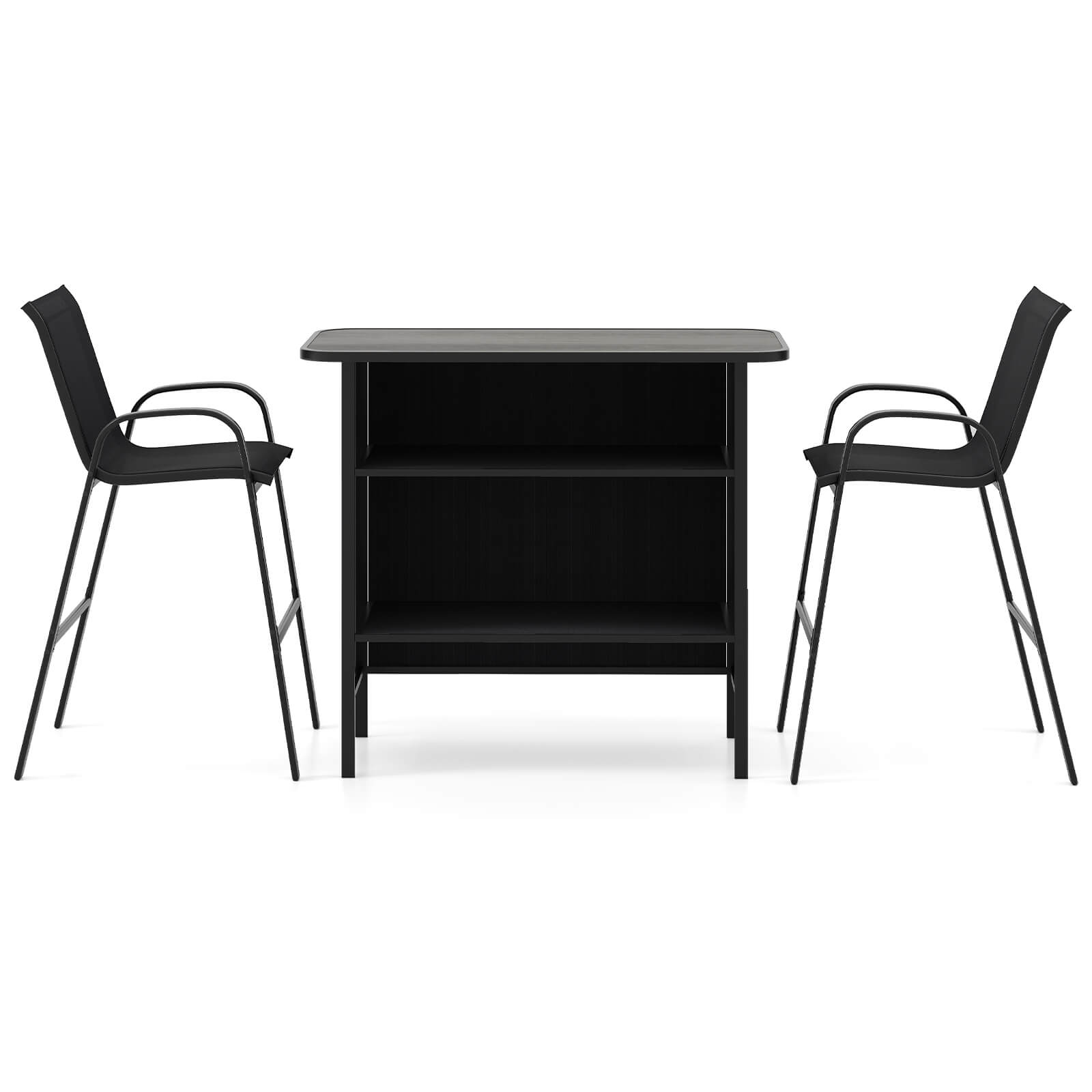 Alt View 9. Costway - Costway 3 PCS Outdoor Bar Set Bar Height Table & Armchairs with Footrest 2-Tier Shelf - Black.