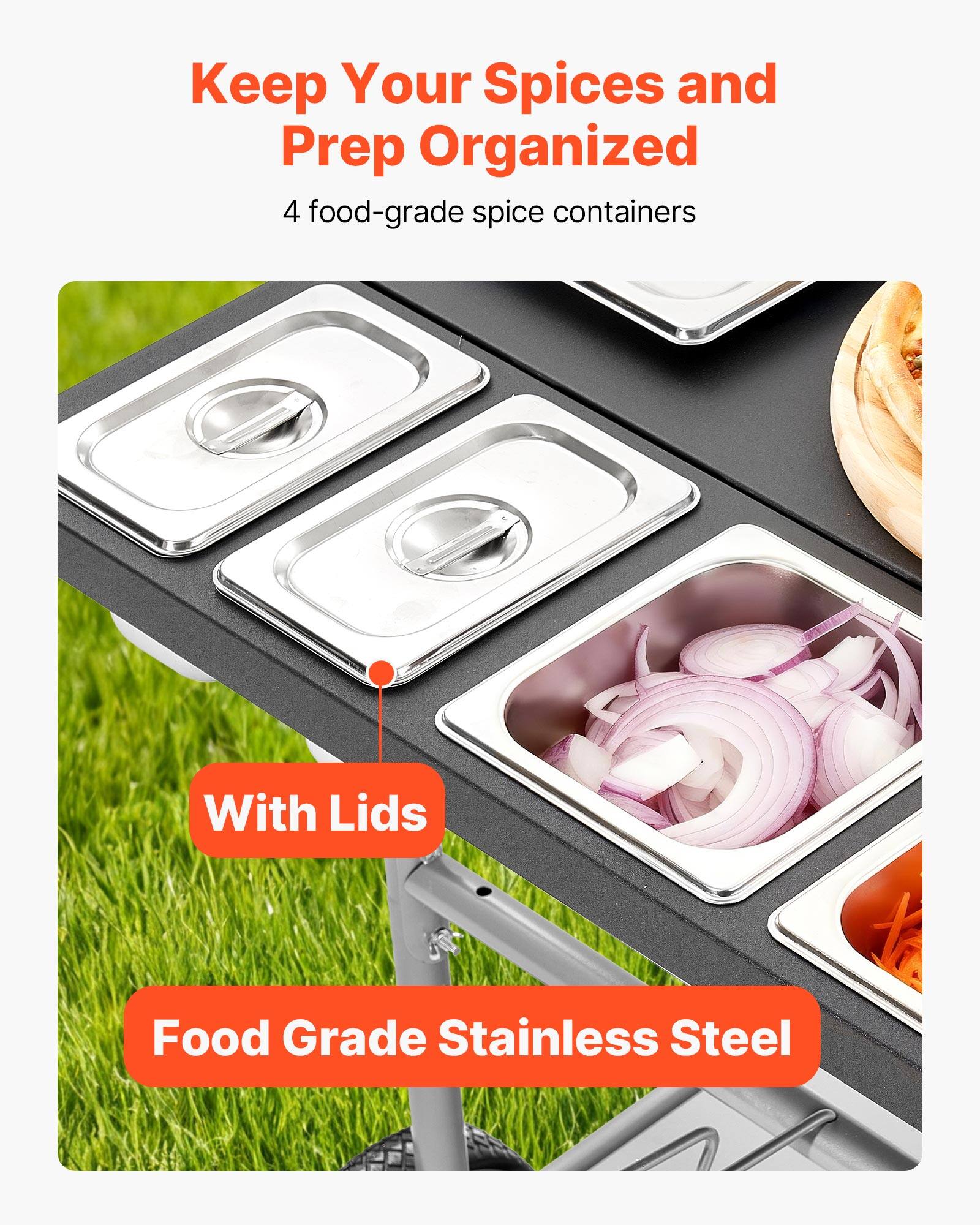 Keep Your Spices and Prep Organized  
4 food-grade spice containers  
With Lids  
Food Grade Stainless Steel