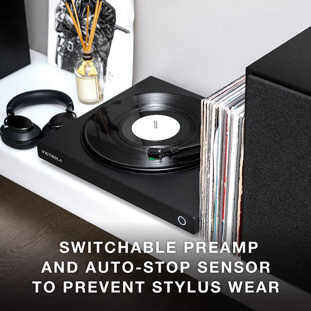 The text on the image reads: "Victrola switchable preamp and auto-stop sensor to prevent stylist wear."