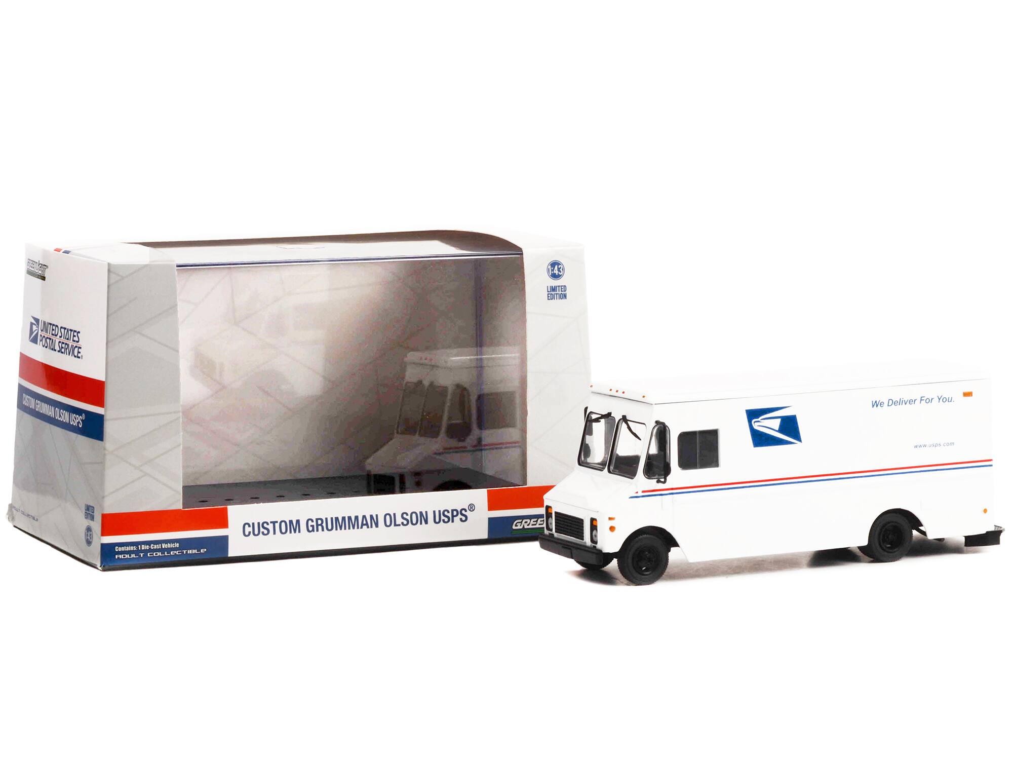 Sure, here is the corrected and grouped text from the image:

---

**United States Postal Service**

**1:43 Limited Edition**

**Custom Grumman Olson USPS**

**We Deliver For You**

**www.usps.com**

**Custom Grumman Olson USPS**

**1:43 Scale Vehicle**

**Adult Collectible**

---

This text is taken from the packaging and the vehicle itself.