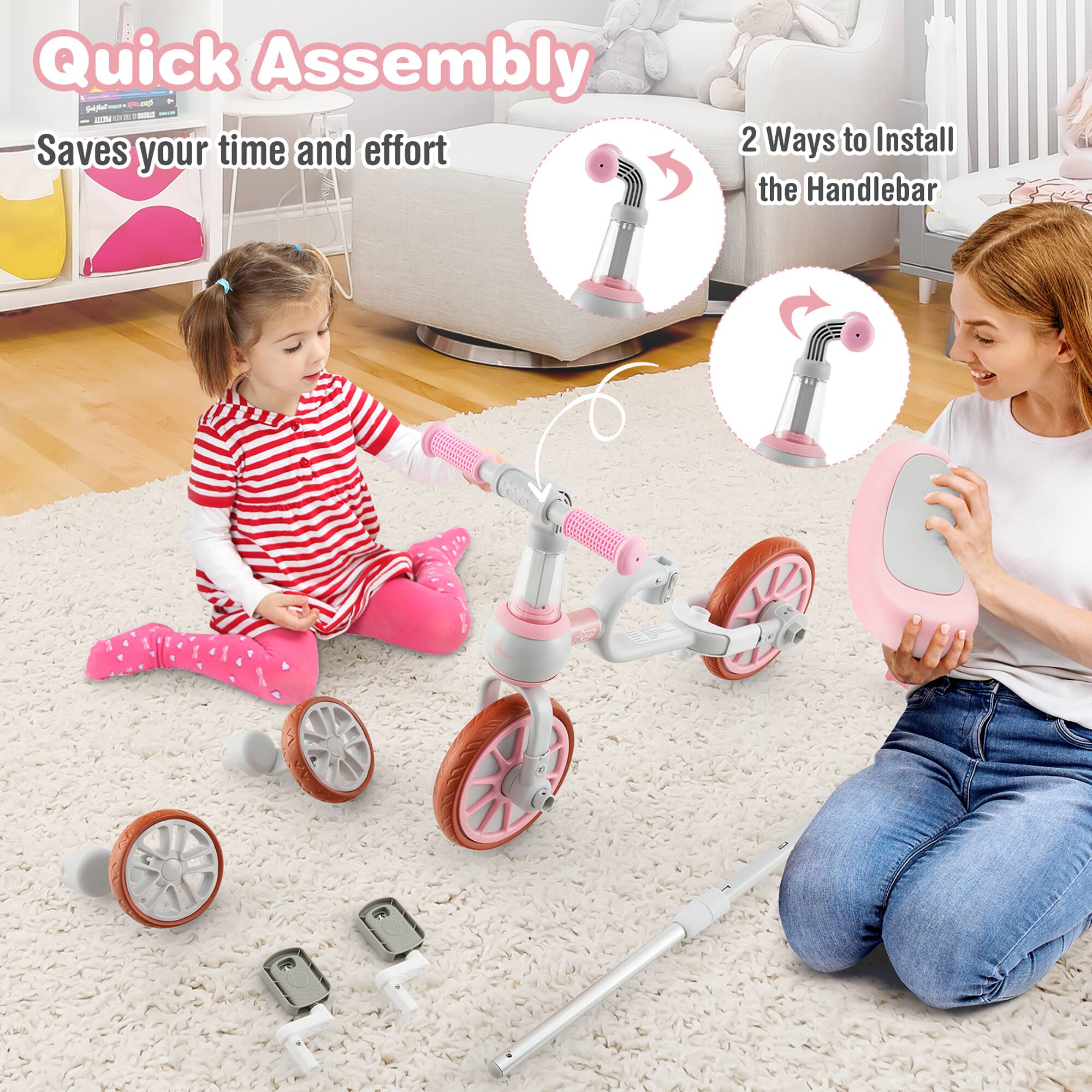 Quick Assembly  
Saves your time and effort  

2 Ways to Install the Handlebar