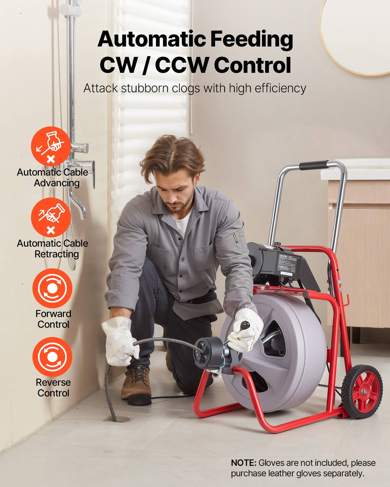 Automatic Feeding CW/CCW Control  
Attack stubborn clogs with high efficiency  

Automatic Cable Advancing  
Automatic Cable Retracting  

Forward Control  
Reverse Control  

NOTE: Gloves are not included, please purchase leather gloves separately.