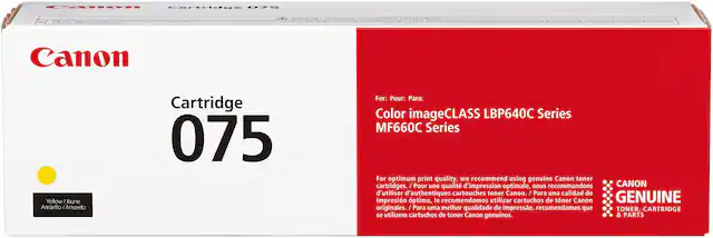 Canon
Cartridge 075
Yellow / Jaune / Amarillo / Amarelo
For: Pour: Para:
Color imageCLASS LBP640C Series
MF660C Series
For optimum print quality, we recommend using genuine Canon toner cartridges.
Pour une qualité d'impression optimale, nous recommandons d'utiliser des cartouches toner Canon authentiques.
Para una calidad de impresión óptima, le recomendamos utilizar cartuchos de toner Canon originales.
Para una mejor calidad de impresión, recomendamos que se utilicen cartuchos de toner Canon genuinos.
CANON
GENUINE
TONER, CARTRIDGE & PARTS