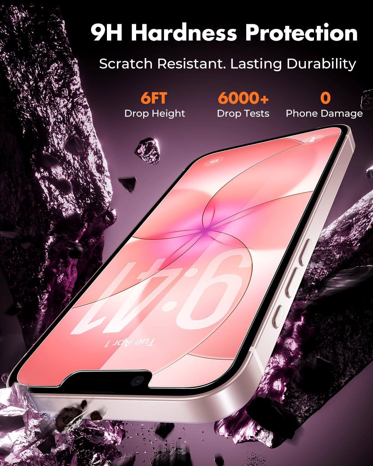 9H Hardness Protection  
Scratch Resistant. Lasting Durability  
6FT Drop Height  
6000+ Drop Tests  
0 Phone Damage