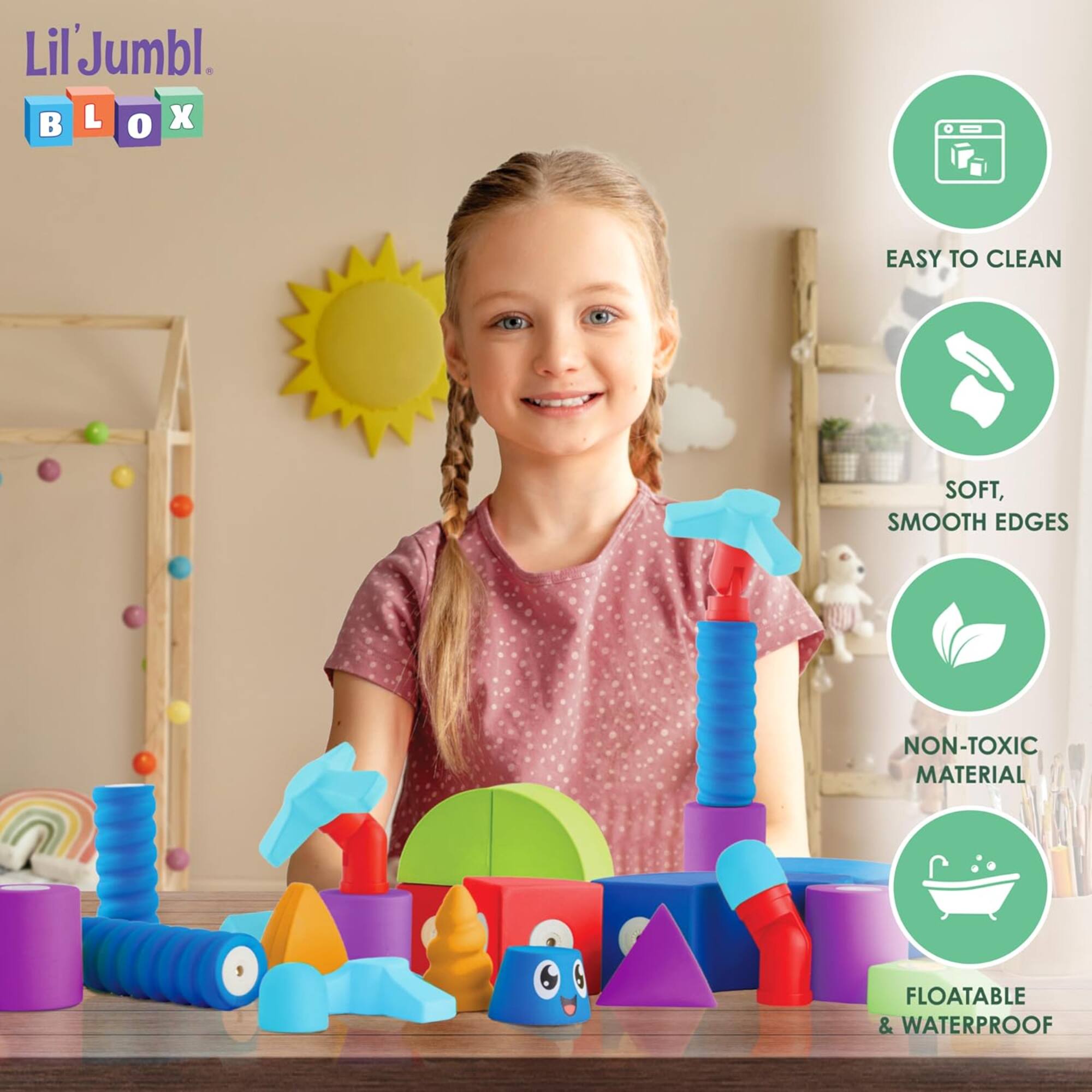 Lil'Jumbl. BLOX EASY TO CLEAN SOFT, SMOOTH EDGES NON-TOXIC MATERIAL FLOATABLE & WATERPROOF
