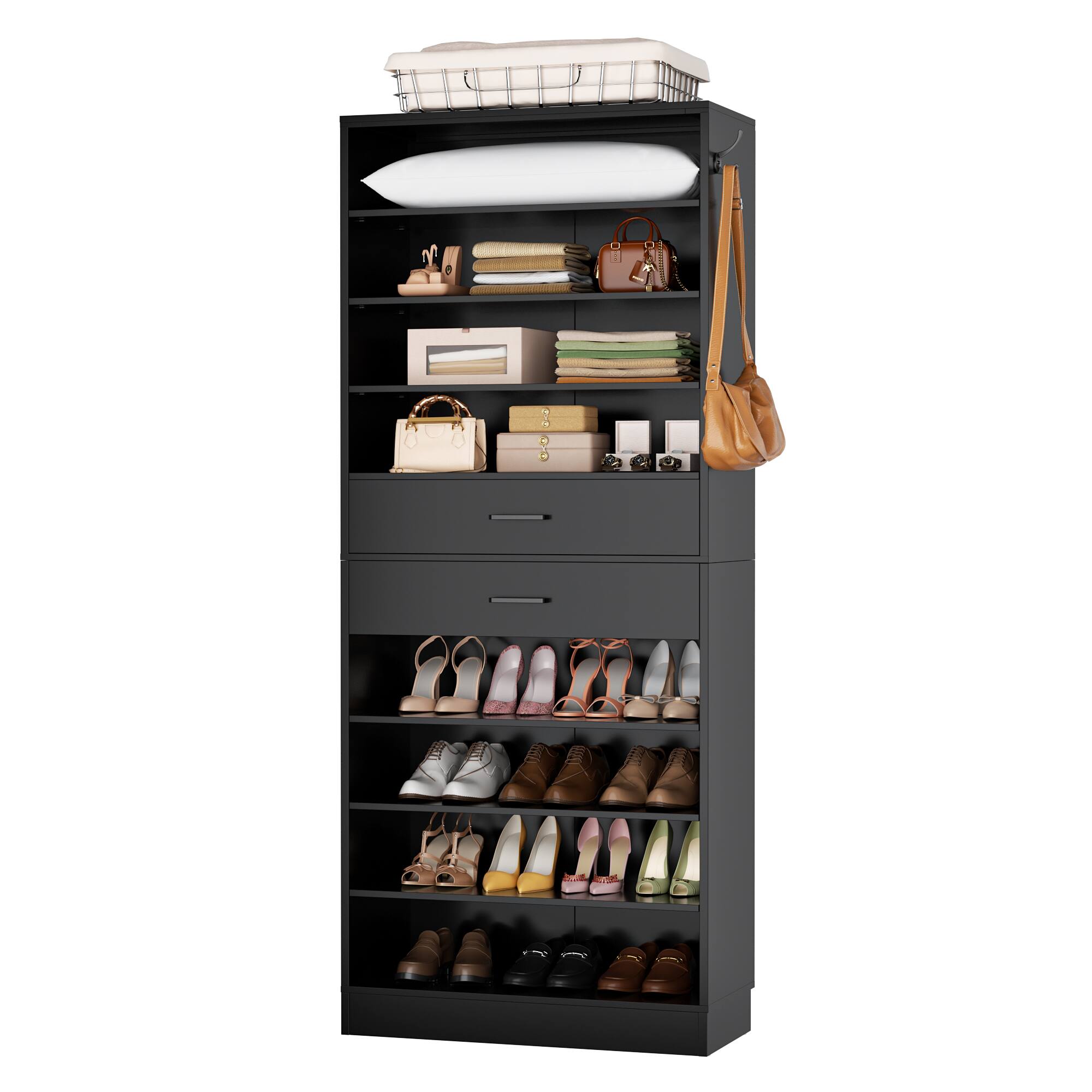 Aheaplus - 10-Tier 65cm Freestanding Shoe Armoire with 2 Drawers, Adjustable Shelves & Side Hooks – Entryway/Bedroom - Black price history on PriceWatchPro