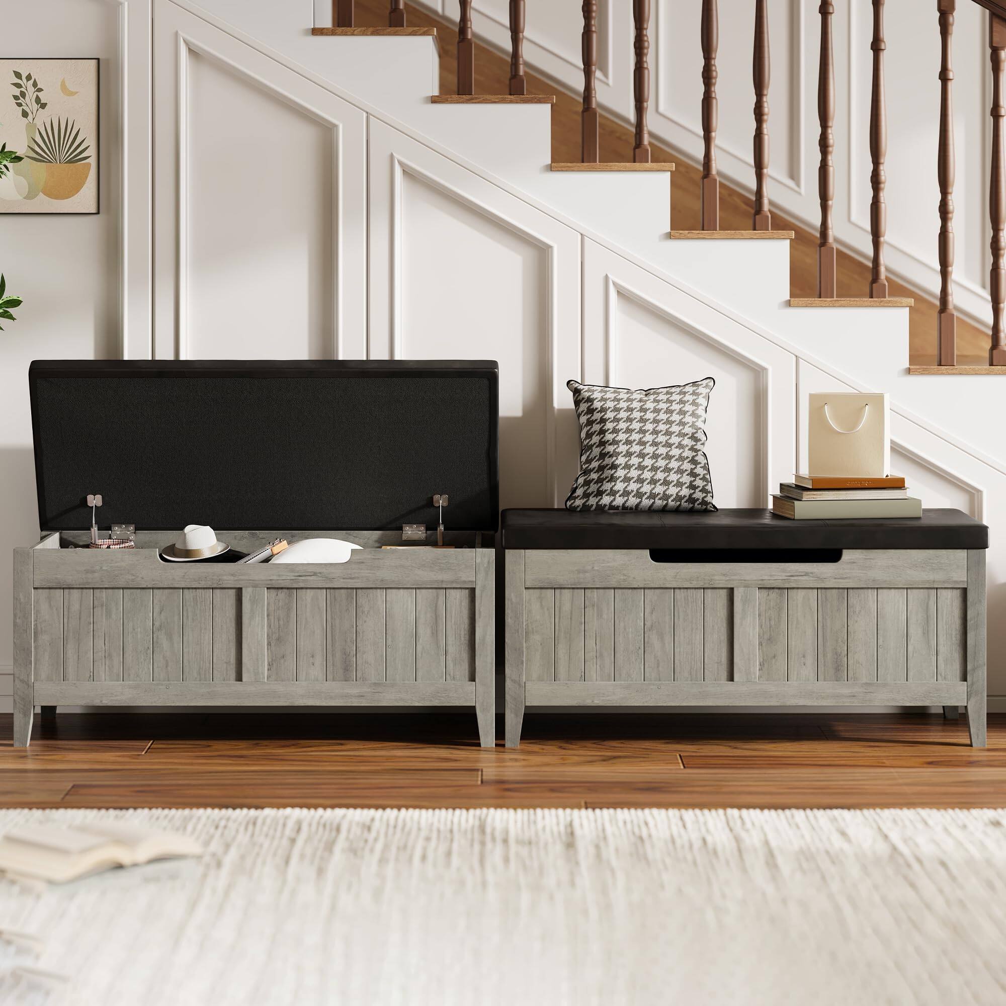 Angle. Jojoka - Upholstered Storage Bench with Cushion Seat, Wooden Storage Chest Trunk with 2 Safety Hinges, Organizer - Gray.