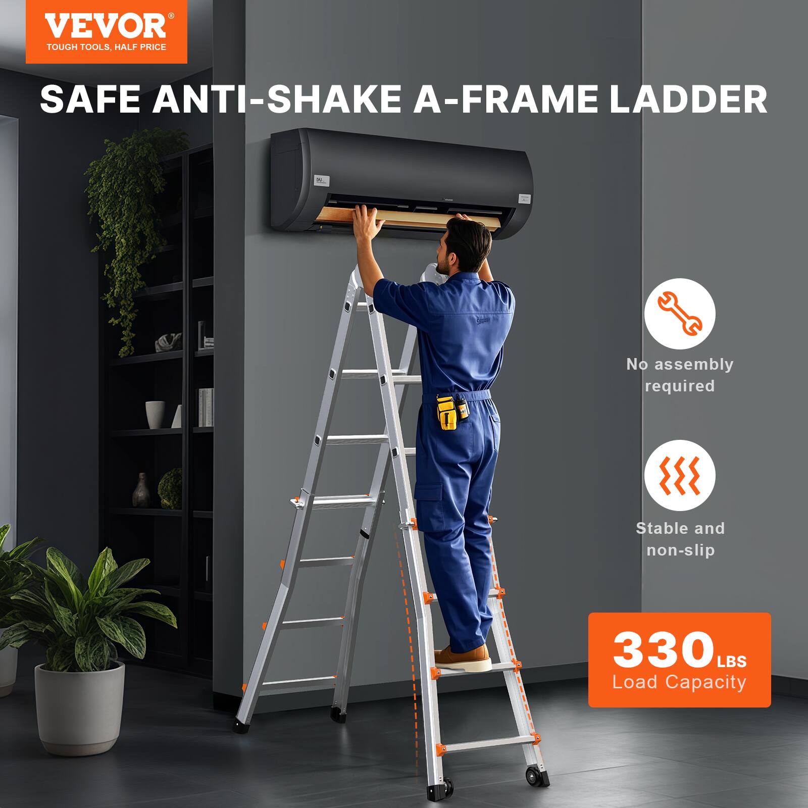 VEVOR TOUGH TOOLS. HALF PRICE SAFE ANTI-SHAKE A-FRAME LADDER

- No assembly required
- Stable and non-slip
- 330 LBS Load Capacity