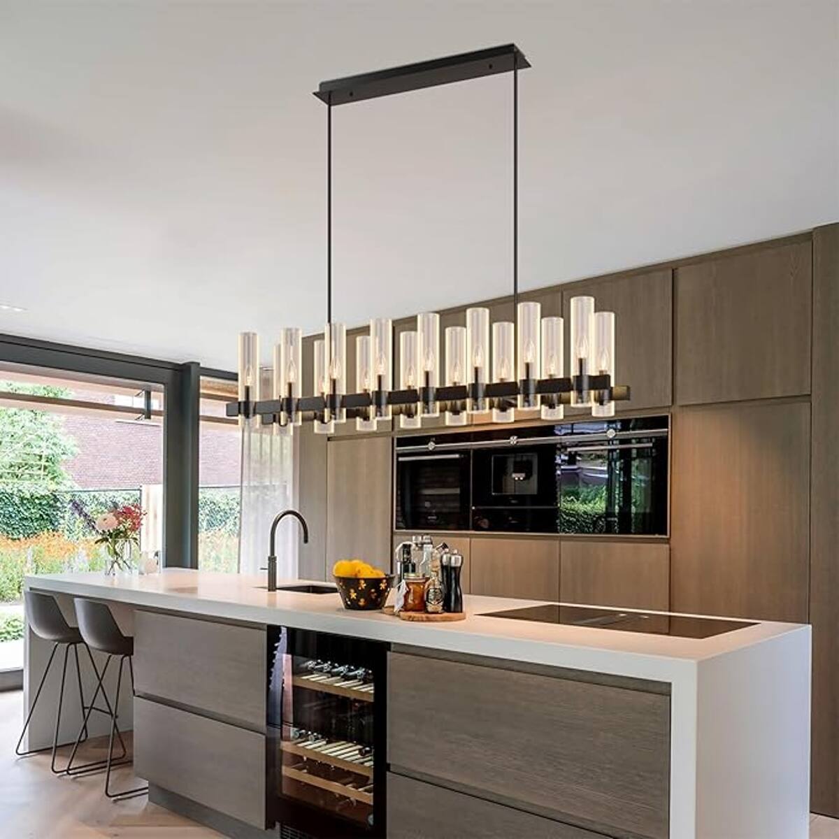 Angle. Loheer - Loheer Modern Farmhouse Chandelier with Clear Glass Shades, Matte Black Linear Pendant for Dining Room or Kitchen Island.