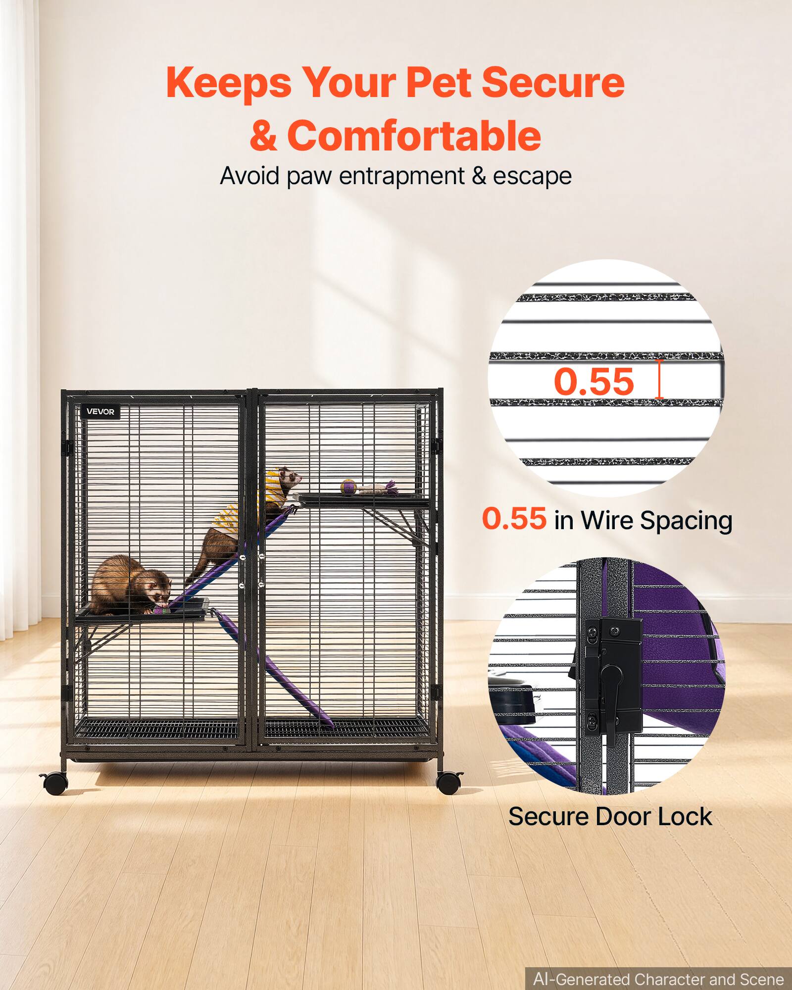 Keeps Your Pet Secure & Comfortable  
Avoid paw entrapment & escape  

0.55  
0.55 in Wire Spacing  

Secure Door Lock  

AI-Generated Character and Scene