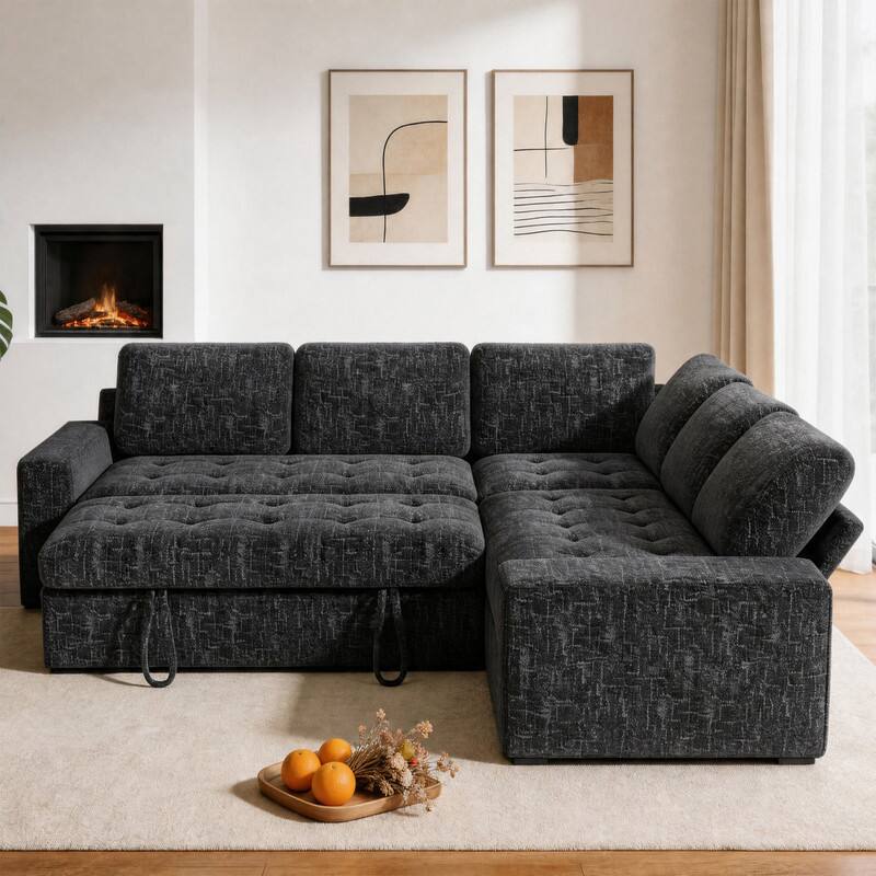 Left. Dyonery - 80" 5 Seat Modular Sectional Couch Sofa with Pull Out Bed/USB Ports/Adjustable Backrest/Storage Seats for Living Room - Black.