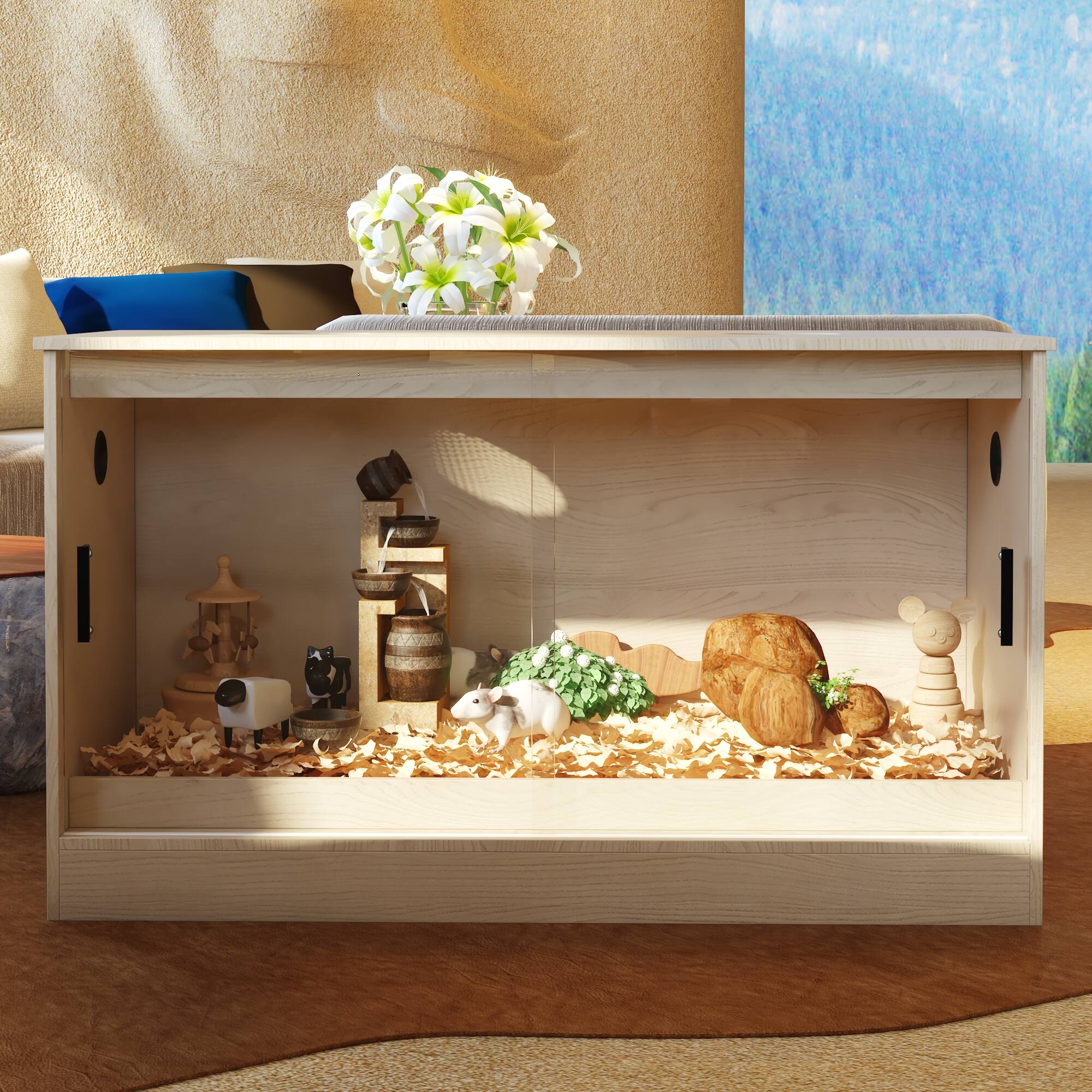 Back. Famapy - Small Pet Cabinet with Glass Doors, Multi-Functional Habitat for Reptiles, Hamsters & Rodents.