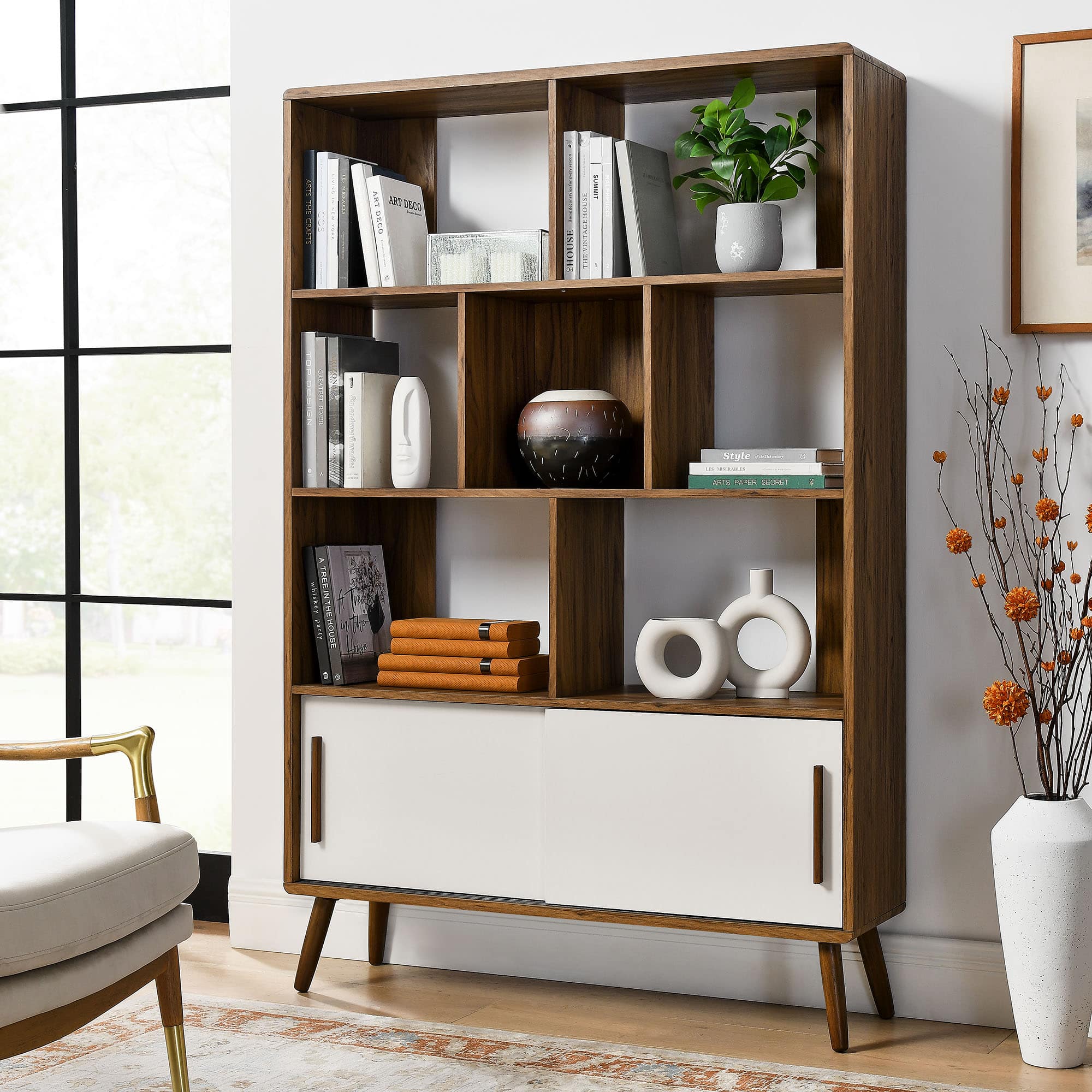 Transmit 45" Bookcase with Sliding Doors by Modway - Walnut Linen
