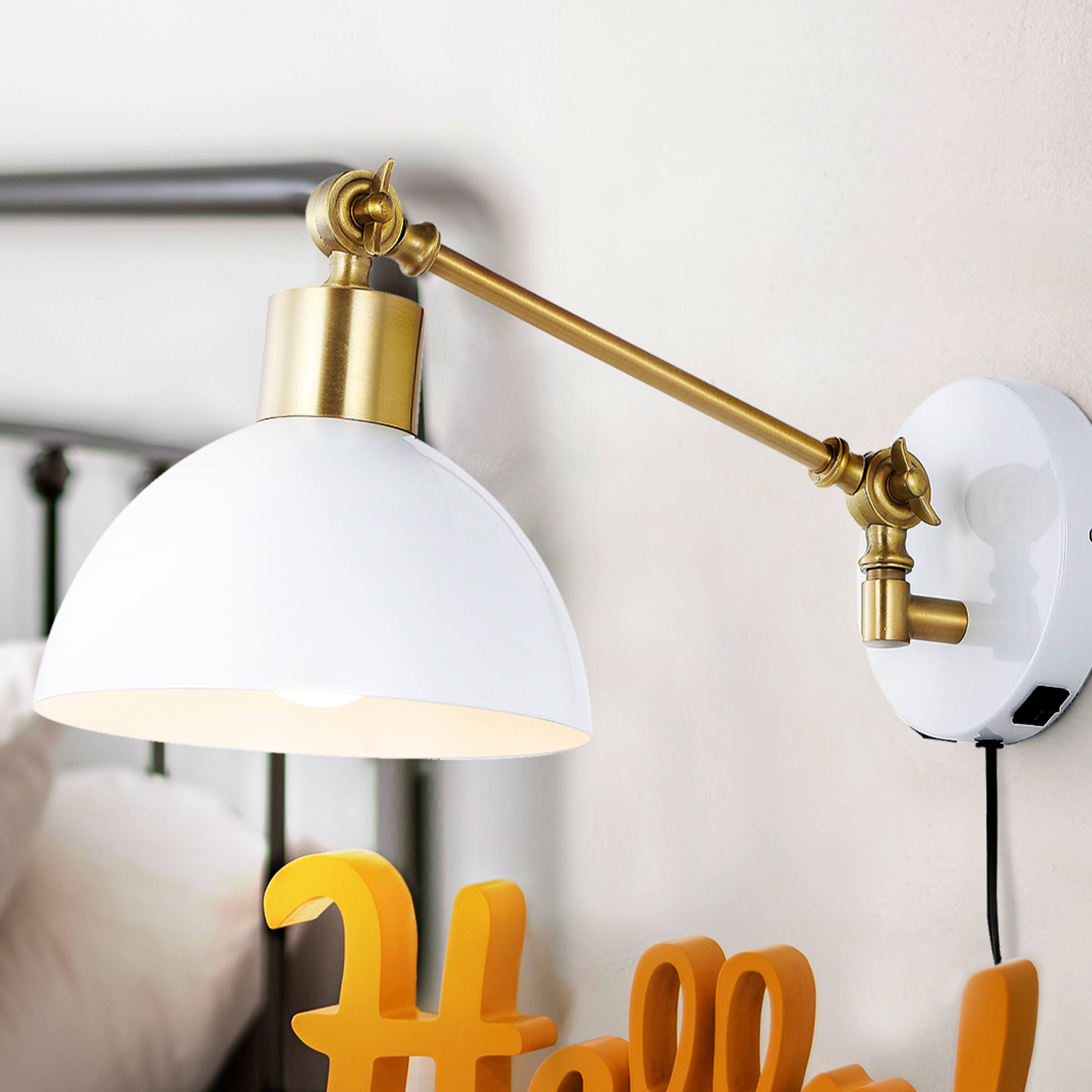 Alt View 10. Jonathan Y - Lisa 18" Swing Arm 1-Light Modern Midcentury Iron USB Charging Port LED Sconce, White/Brass Gold - White.