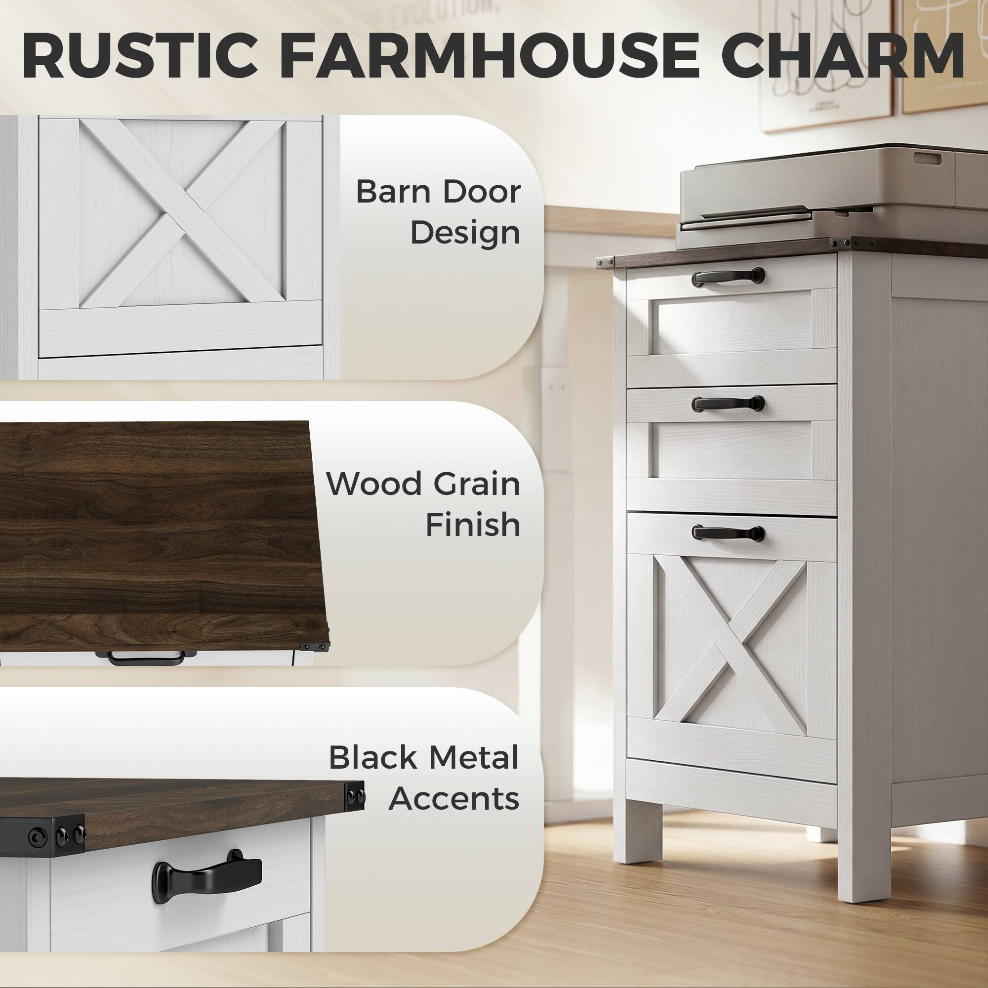 RUSTIC FARMHOUSE CHARM

- Barn Door Design
- Wood Grain Finish
- Black Metal Accents