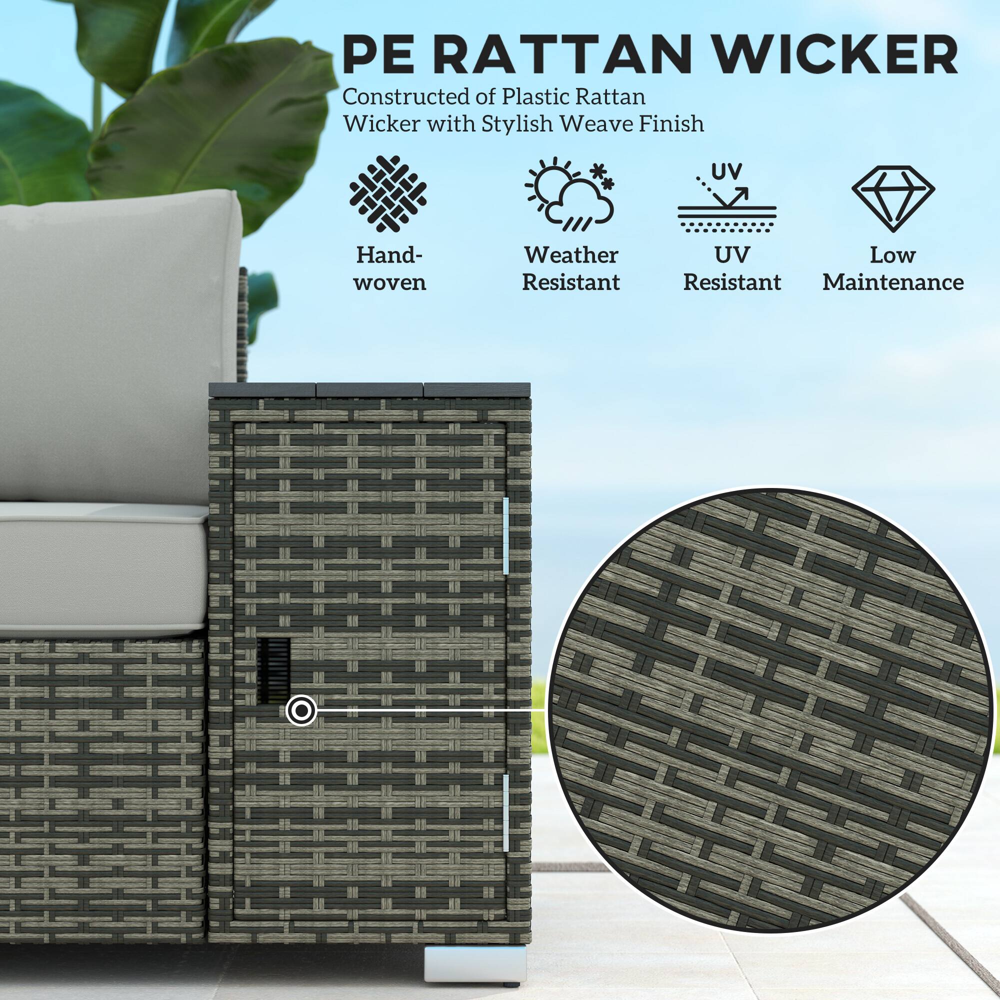 PE RATTAN WICKER
Constructed of Plastic Rattan Wicker with Stylish Weave Finish
Hand-woven
Weather Resistant
UV Resistant
Low Maintenance