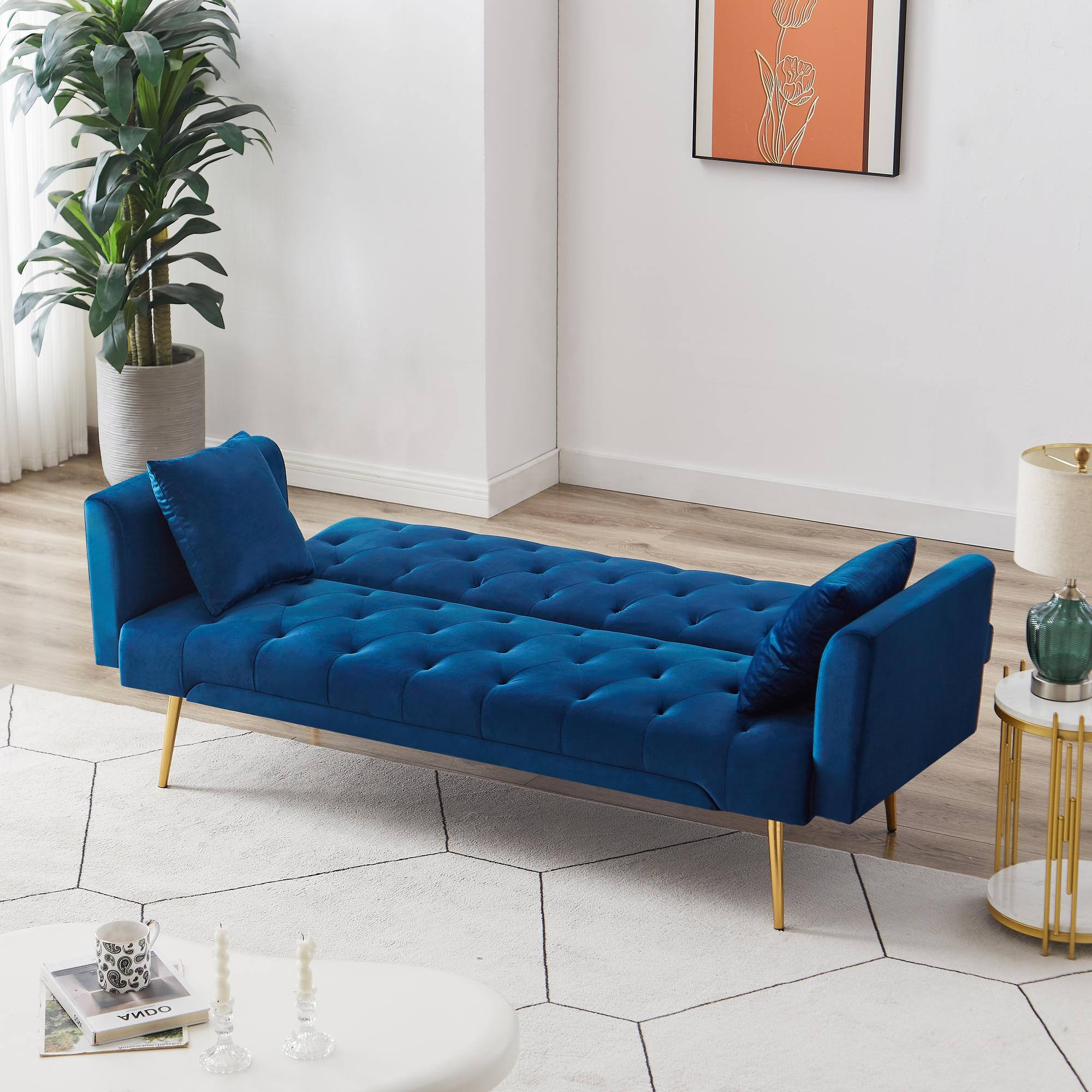 Alt View 3. Meqiodas - Convertible Sofa Bed Modern Futon Set, Velvet Foldable Reclining Loveseat, Three Adjustment Angles, Easy Assembly - BLUE.