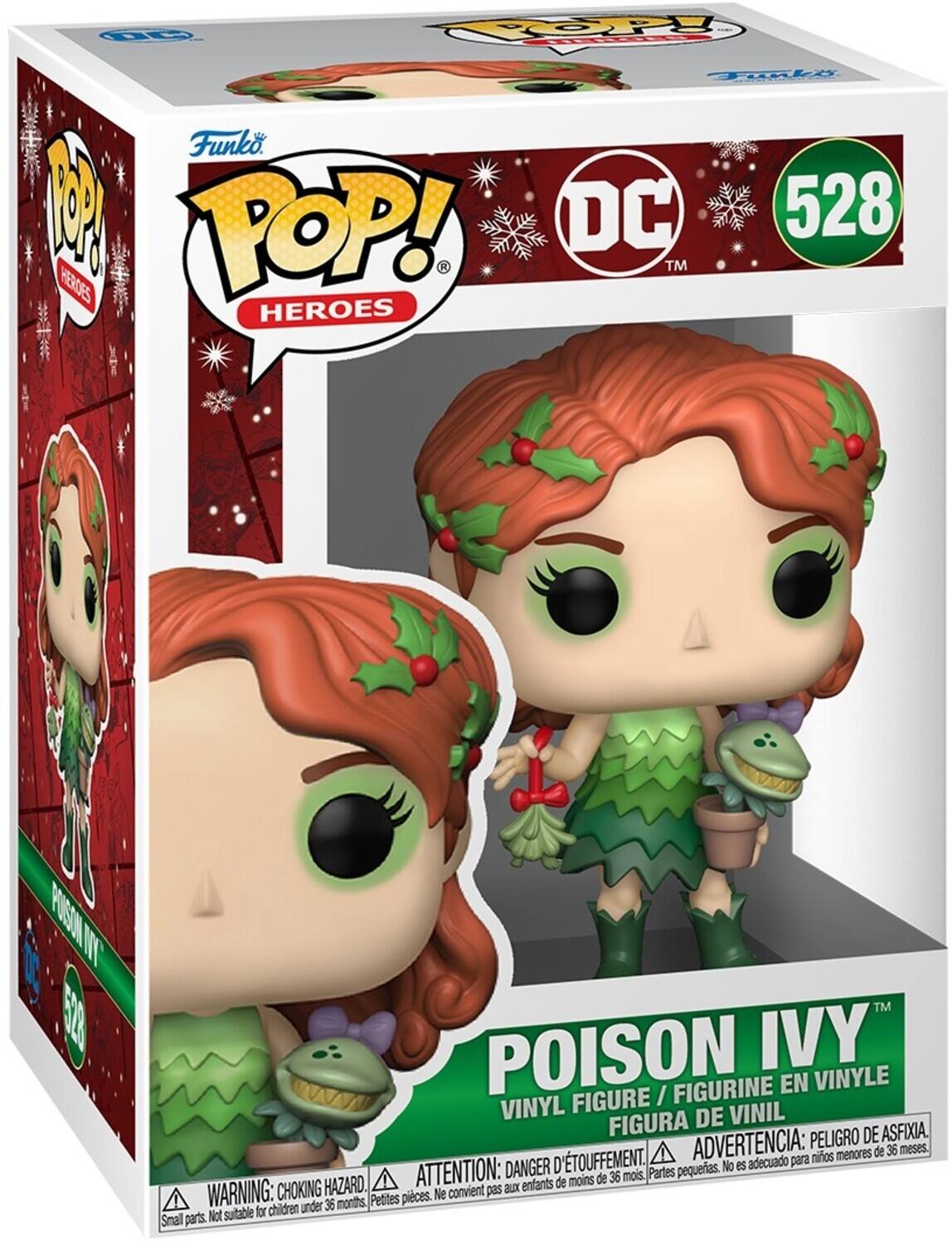 Sure, here is the corrected and grouped text from the image:

---

**Funko POP! HEROES**

**DC**

**528**

**POISON IVY**

**VINYL FIGURE / FIGURINE EN VINYLE / FIGURA DE VINIL**

**WARNING: CHOKING HAZARD. Small parts. Not suitable for children under 36 months.**

**ATTENTION: DANGER D'ÉTOUFFEMENT. Petites pièces. Ne convient pas aux enfants de moins de 36 mois.**

**ADVERTENCIA: PELIGRO DE ASFIXIA. Partes pequeñas. No es adecuado para niños menores de 36 meses.**

---

This text is organized to reflect the information on the packaging accurately.