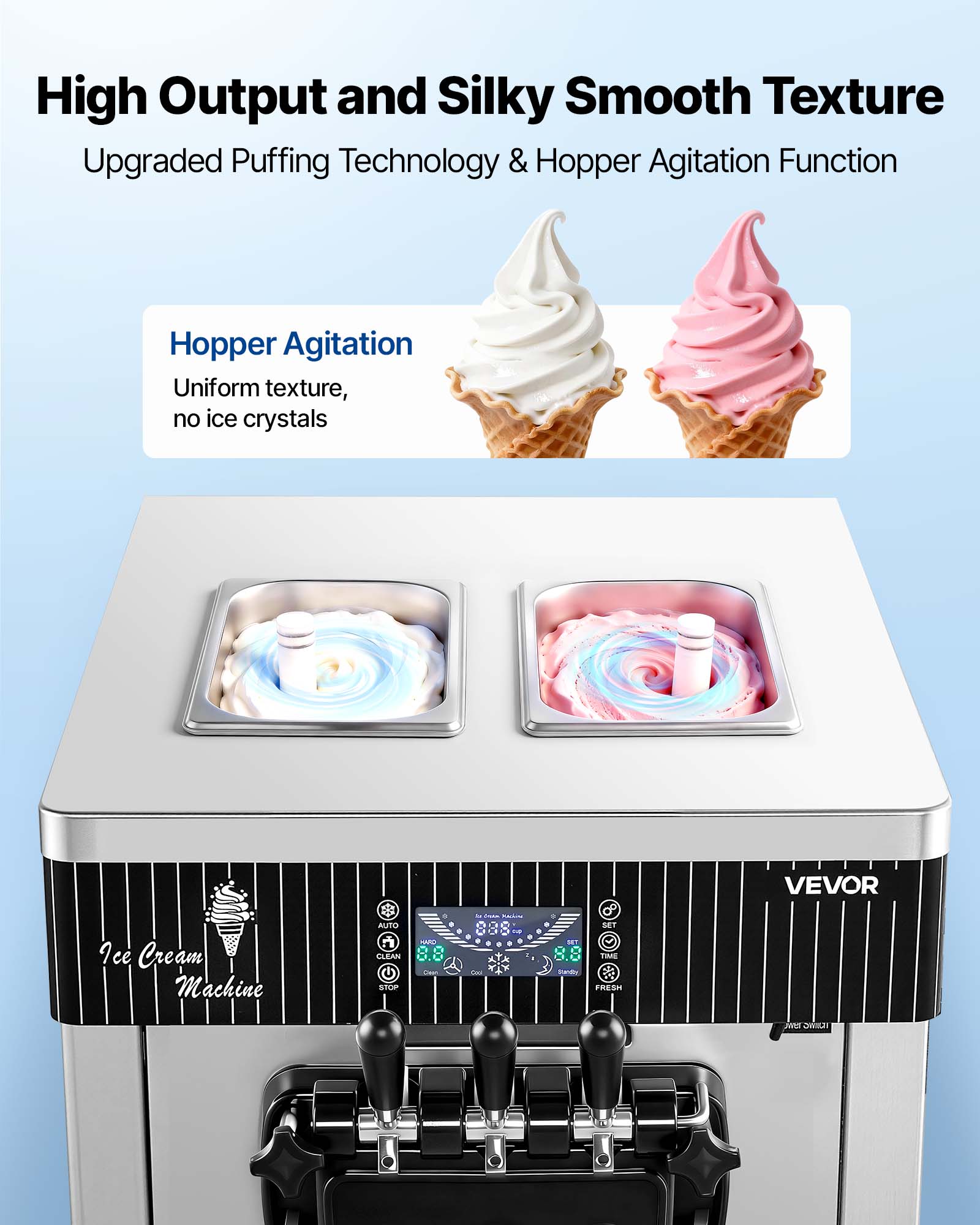 High Output and Silky Smooth Texture  
Upgraded Puffing Technology & Hopper Agitation Function  

Hopper Agitation  
Uniform texture, no ice crystals  

VEVOR  
Ice Cream Machine  

AUTO CLEAN STOP  
HWO  
M DIAN - 00  
SET INT TIME SanBo FRESH  
JWS owner