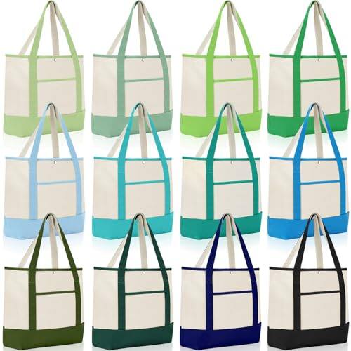 Front. DORLUKFU - 12 Pack Canvas Tote Bag Bulk with Handles Pockets, Reusable Shopping Blank Tote Bags for Women Mom Teacher - Forest Color.