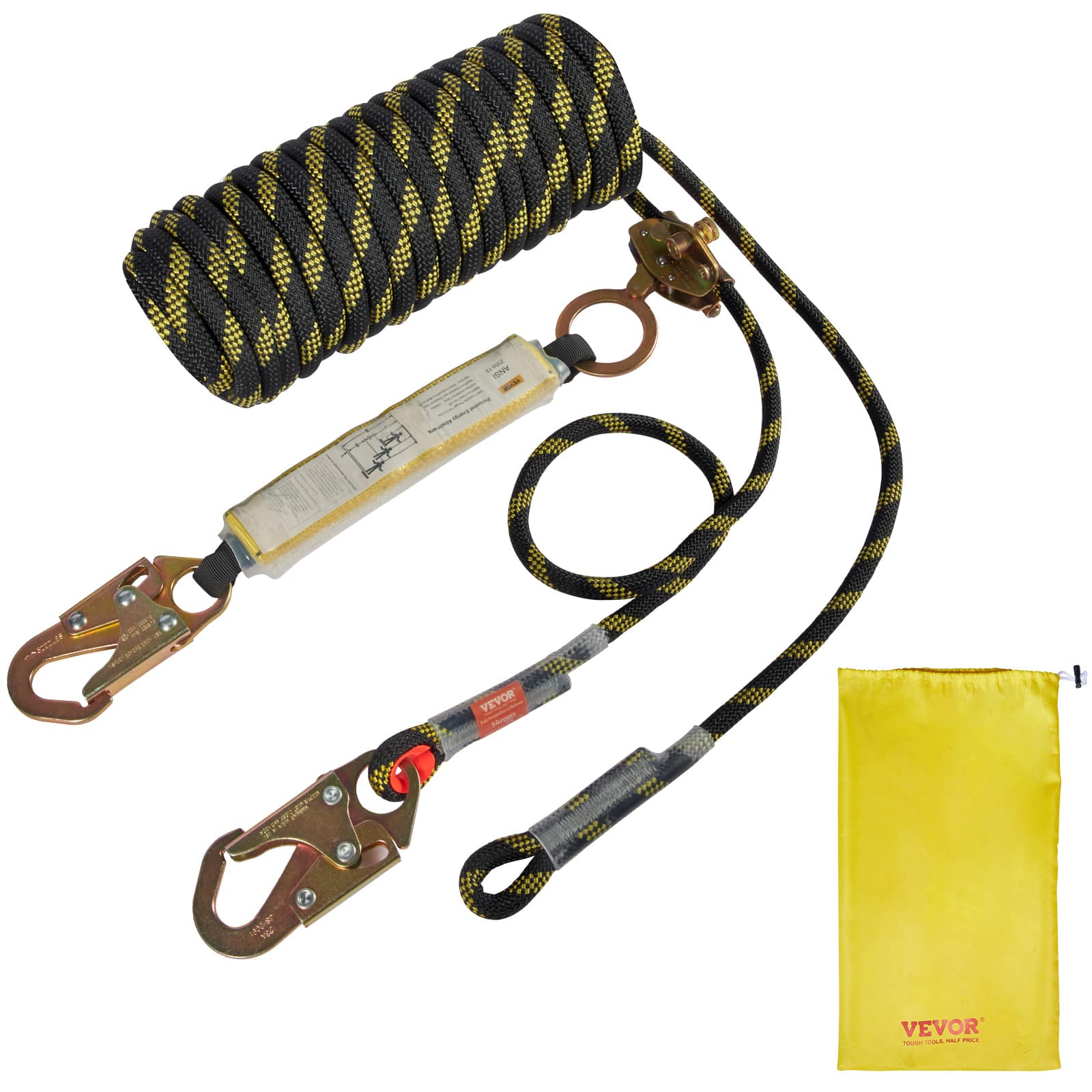 VEVOR - Vertical Lifeline Assembly, 0.55'' x 50' Fall Protection Rope with 30 KN Breaking Tension, Polyester Roofing Rope - Black and yellow