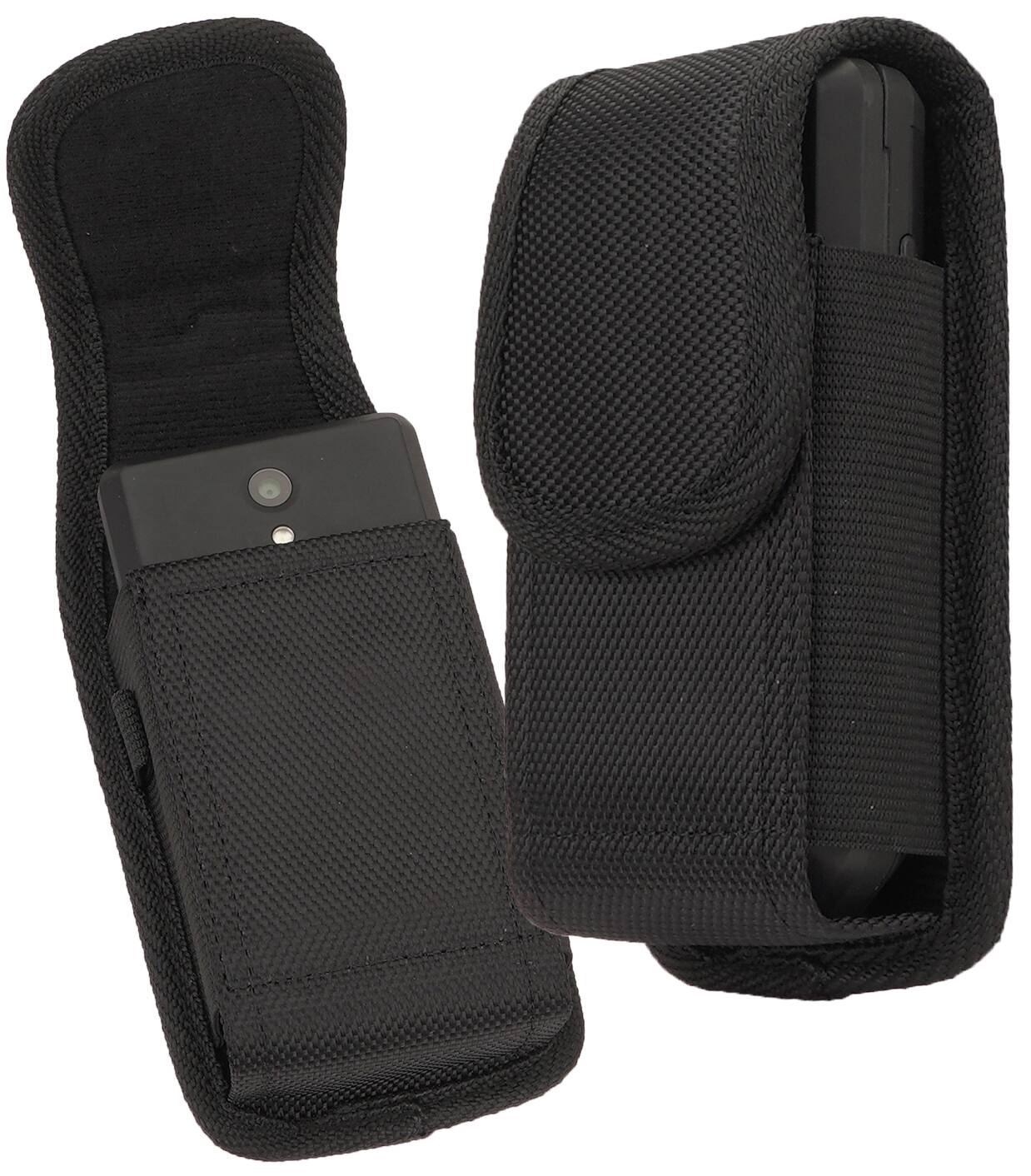 Alt View 2. Nakedcellphone - Pouch for Consumer Cellular Iris Flip Phone - Canvas Case with Clip and Belt Harness Holder, Magnetic Closure - Black.