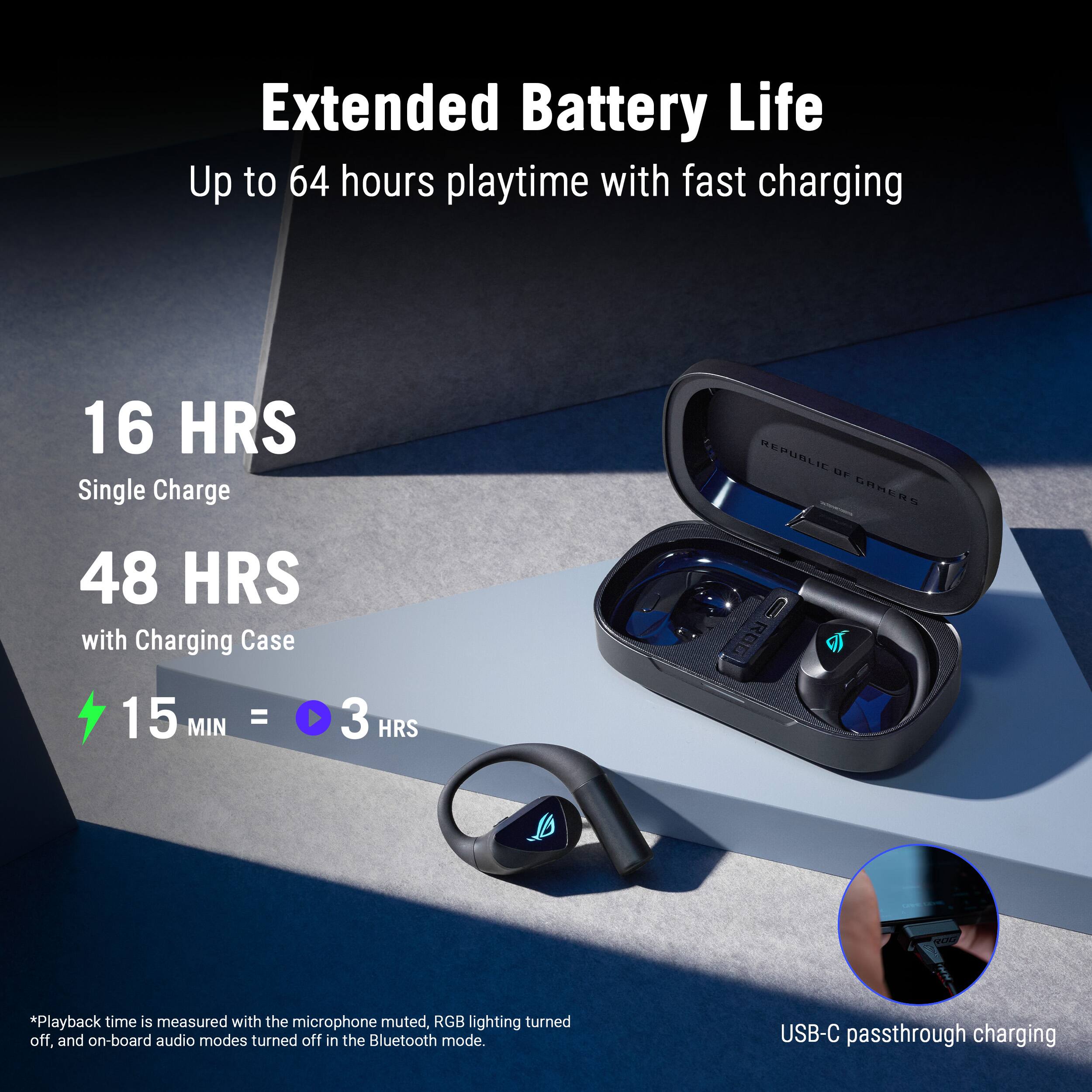 Extended Battery Life  
Up to 64 hours playtime with fast charging  

16 HRS  
Single Charge  

48 HRS  
with Charging Case  

15 MIN = 3 HRS  

*Playback time is measured with the microphone muted, RGB lighting turned off, and on-board audio modes turned off in the Bluetooth mode.  

USB-C passthrough charging