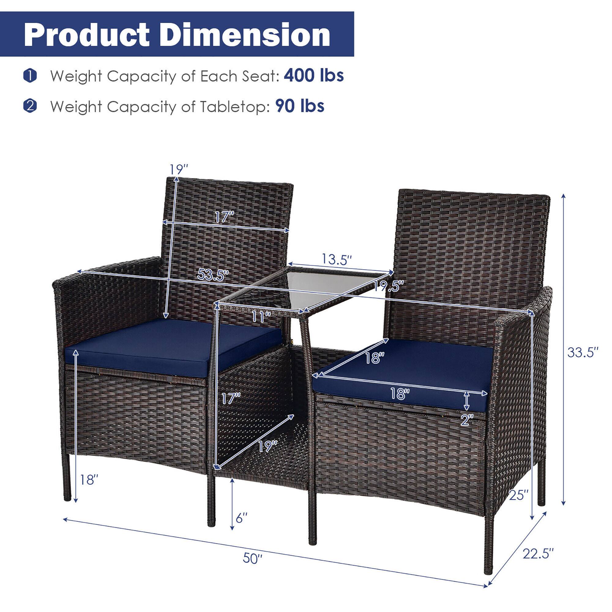 Product Dimension

1. Weight Capacity of Each Seat: 400 lbs
2. Weight Capacity of Tabletop: 90 lbs

19"
17"
53.5"
13.5"
19.5"
11"
18"
33.5"
17"
19"
18"
2"
18"
6"
25"
50"
22.5"