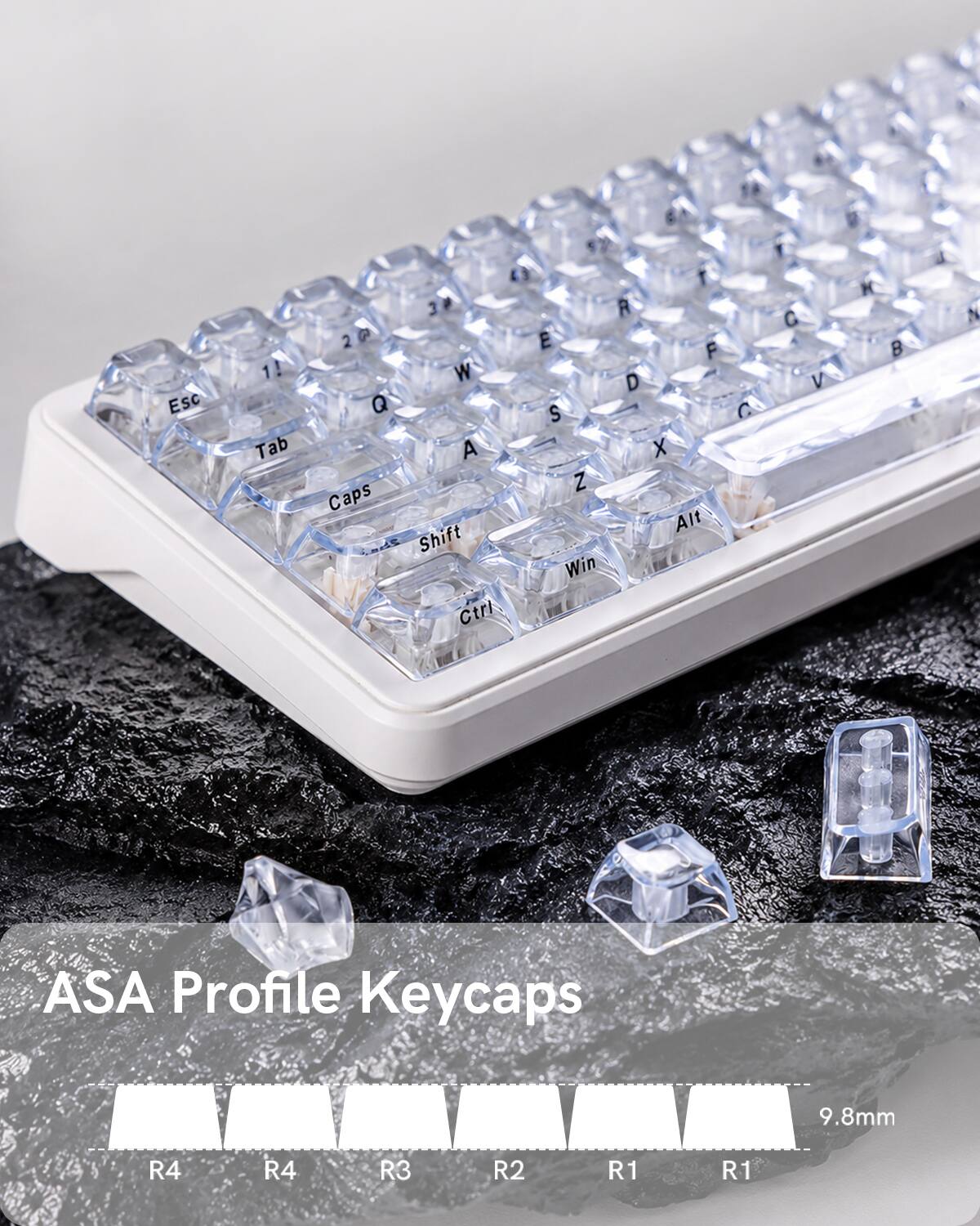 Esc 1! Tab d 12 3 T 30 A 2P 2 P E F W D Q S A X Z Caps Alt LRAS Shift Win Ctrl 1a C 1 C V g K B a a N ASA Profile Keycaps 9.8mm R4 R4 R3 R2 R1 R1